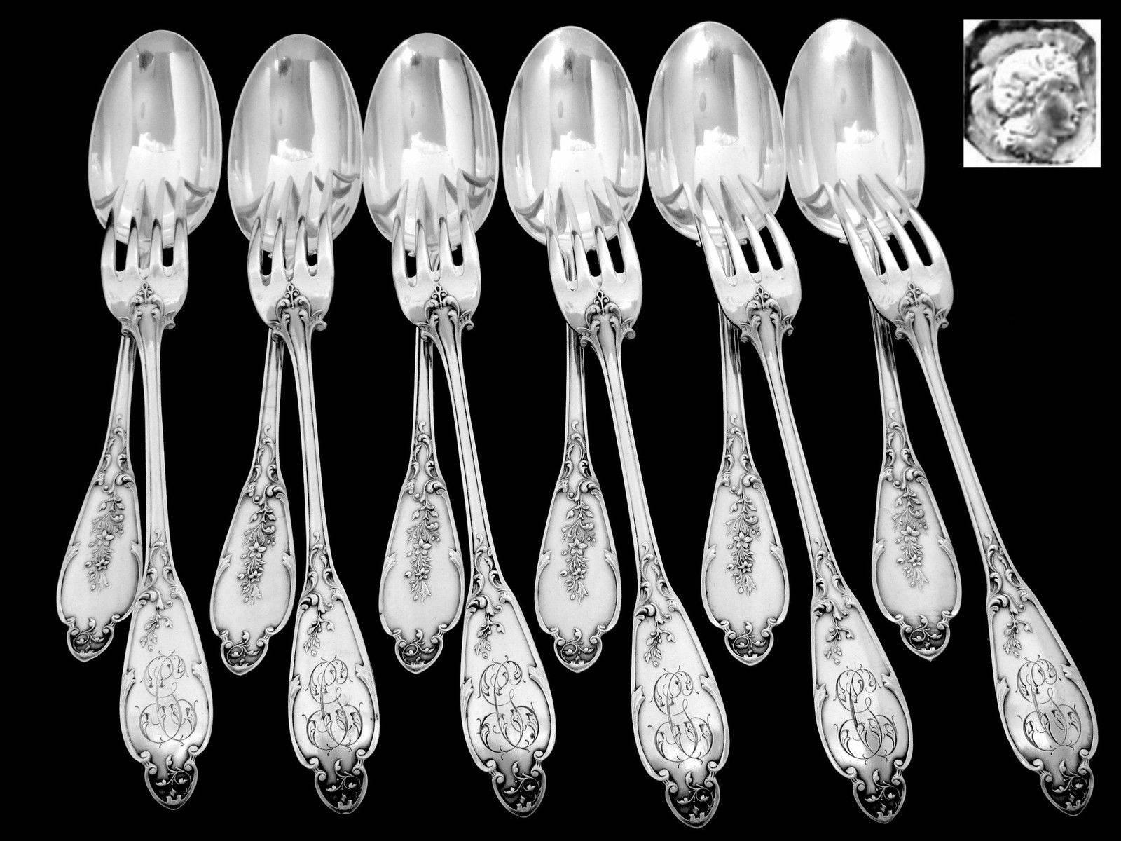 Art Nouveau Henin Gorgeous French Sterling Silver Dinner Flatware Set 24 Pieces Flowers For Sale