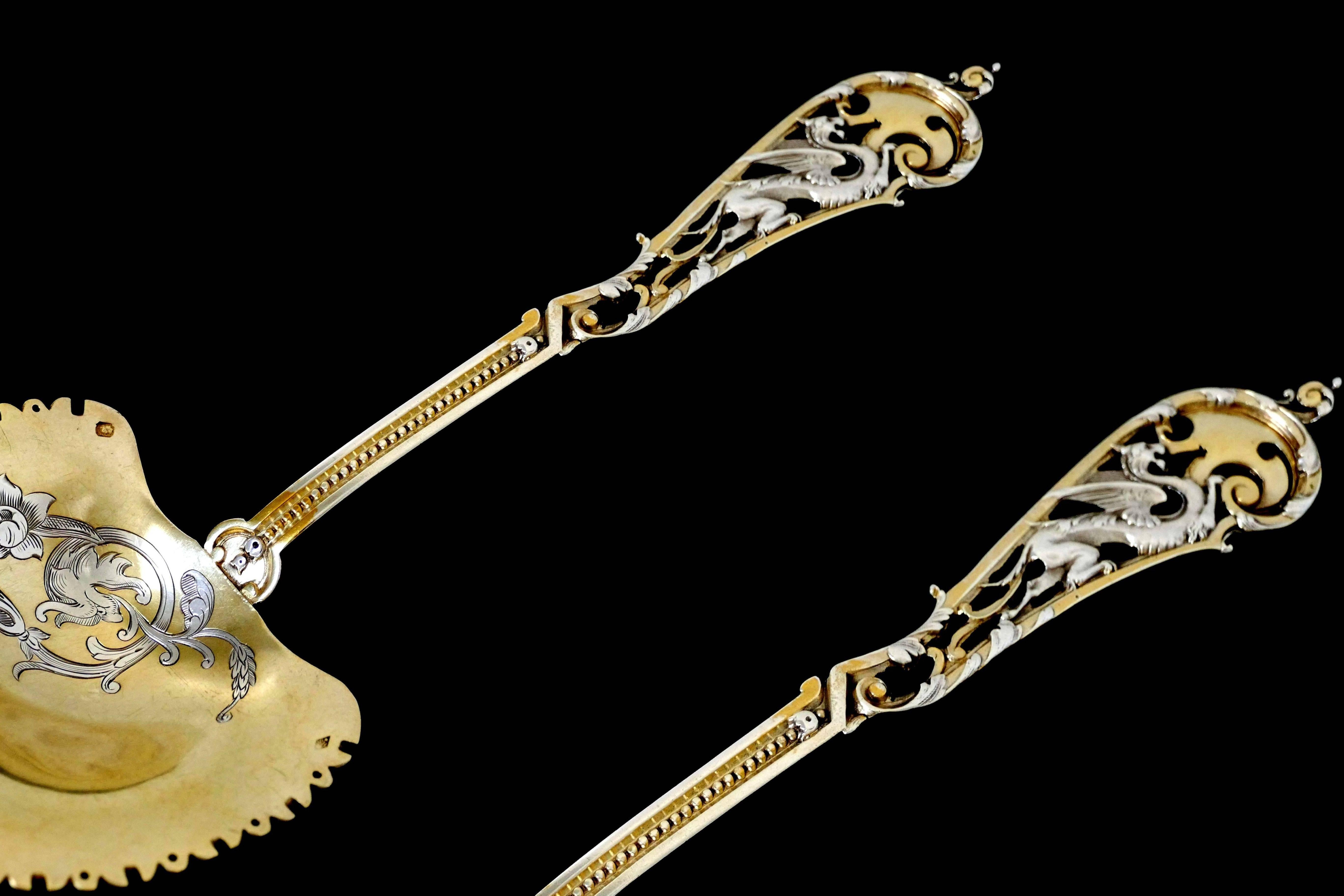 Late 19th Century Soufflot Masterpiece Sterling Silver 18-Karat Gold Strawberry Spoon Dragon For Sale