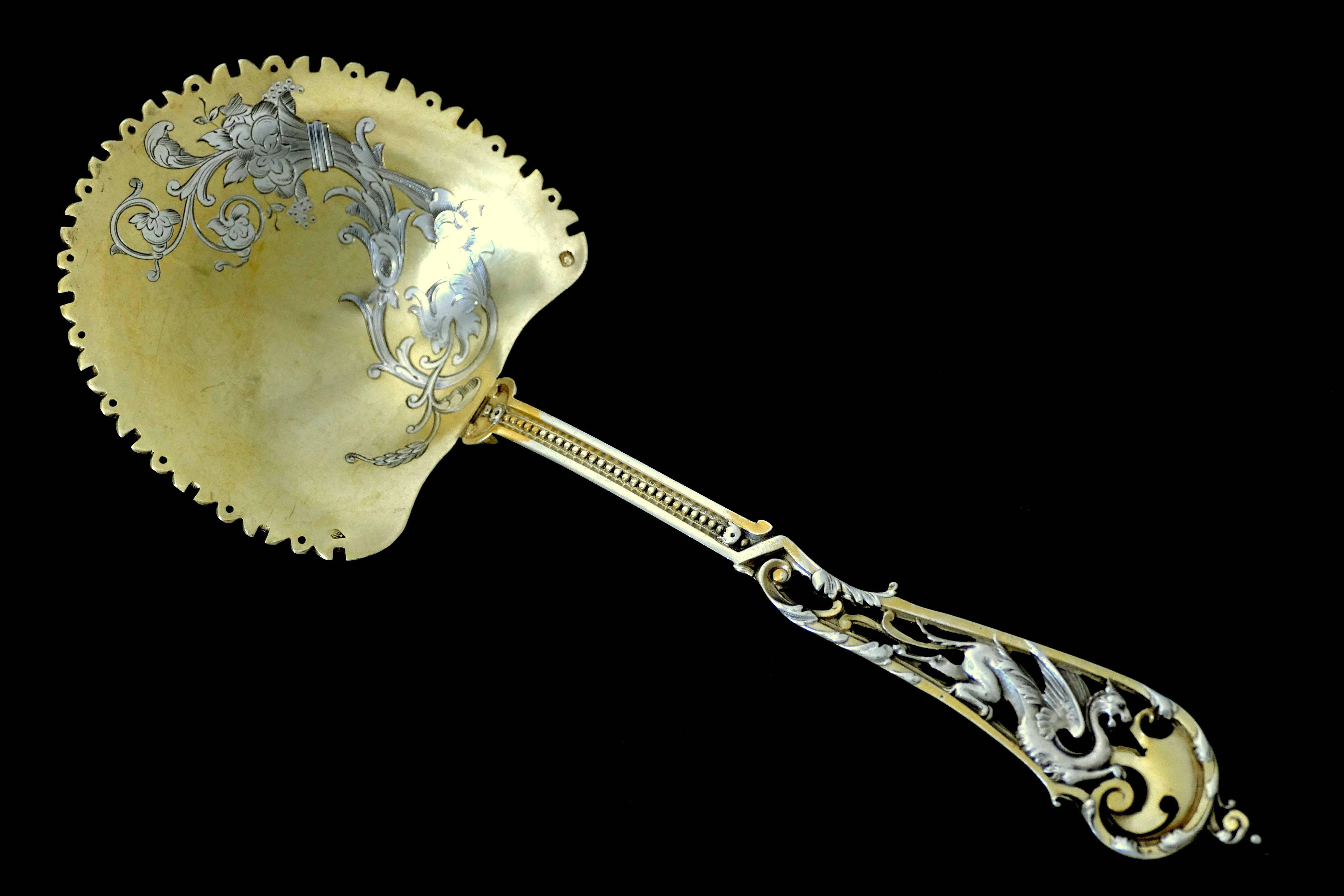 French Soufflot Masterpiece Sterling Silver 18-Karat Gold Strawberry Spoon Dragon For Sale