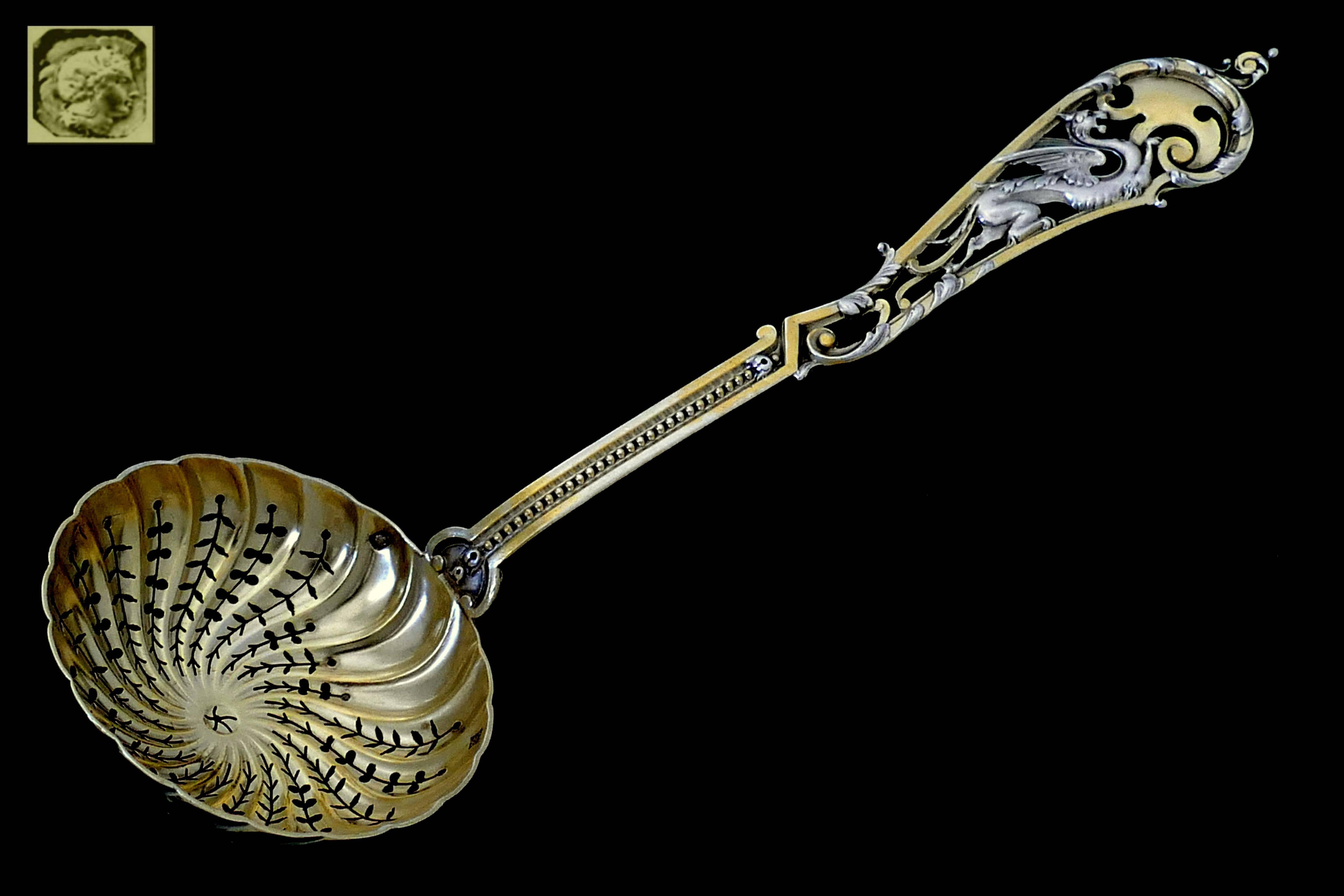 Late 19th Century Soufflot Masterpiece Sterling Silver 18 Karat Gold Sugar Sifter Spoon Dragon