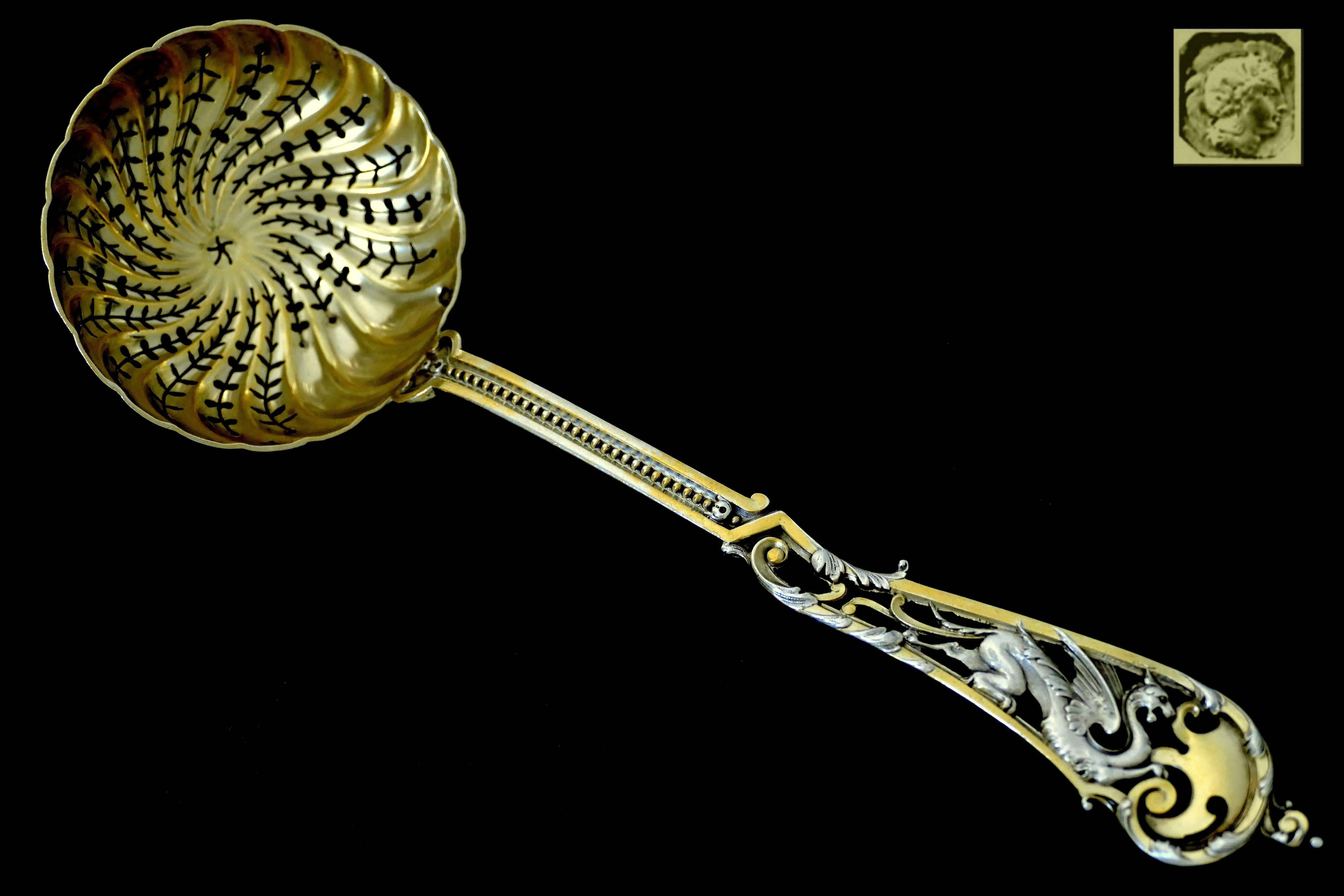 French Soufflot Masterpiece Sterling Silver 18 Karat Gold Sugar Sifter Spoon Dragon