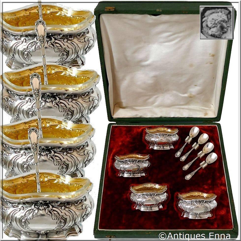 Head of Minerve first titre for 950/1000 French sterling silver vermeil guarantee. The quality of the gold used to recover sterling silver is a minimum of 750 mils (18-karat).

Fabulous French sterling silver salt cellars four-pieces. Each ornately