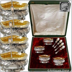 Coignet French Sterling Silver 18-Karat Gold Four Salt Cellars, Spoons and Box