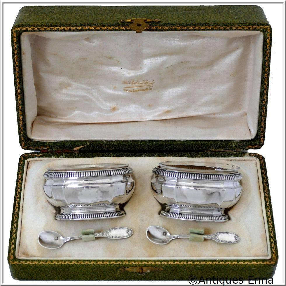 Puiforcat French Sterling Silver Gold 18-Karat Salt Cellars Pair, Spoons, Box 1