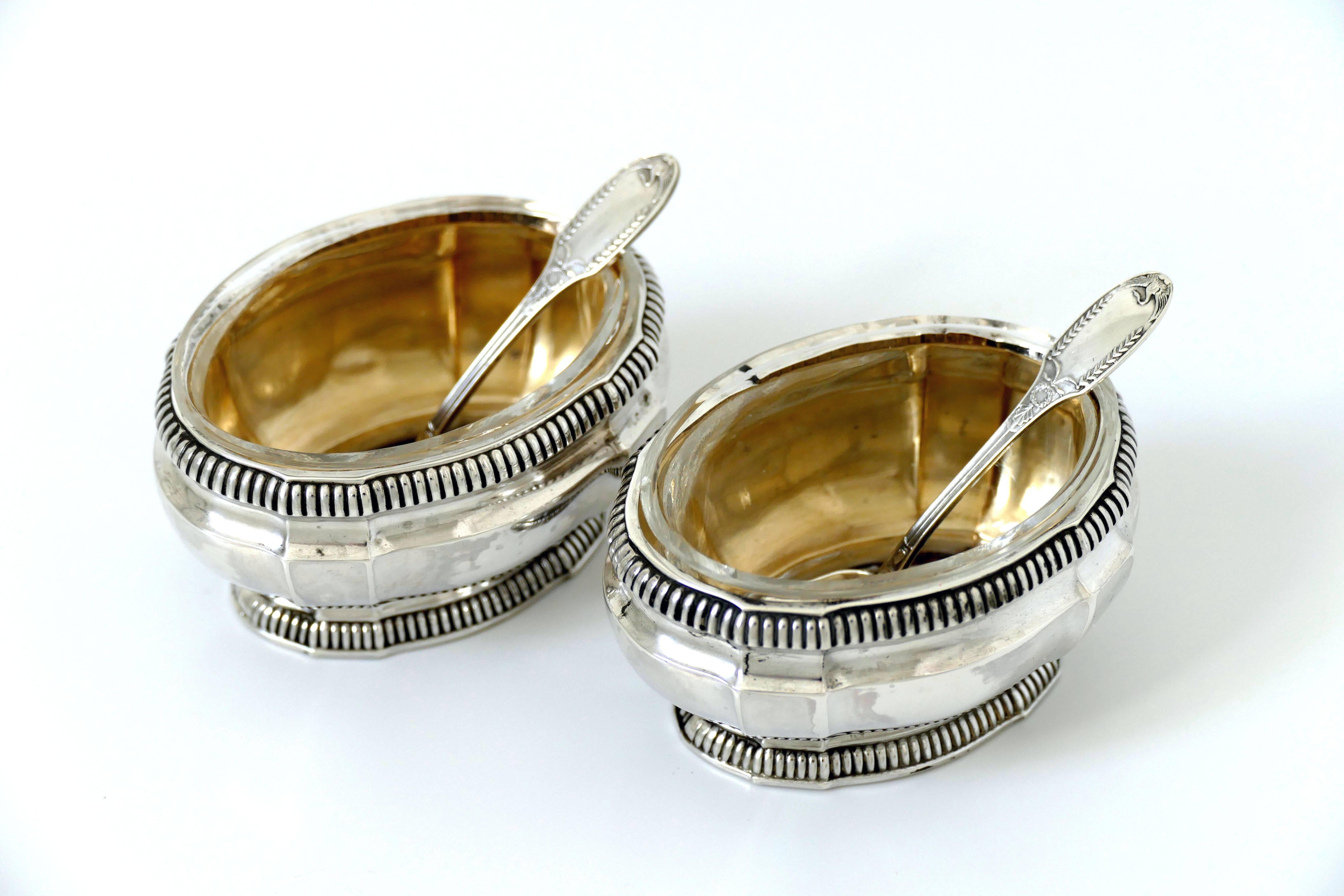 Art Nouveau Puiforcat French Sterling Silver Gold 18-Karat Salt Cellars Pair, Spoons, Box
