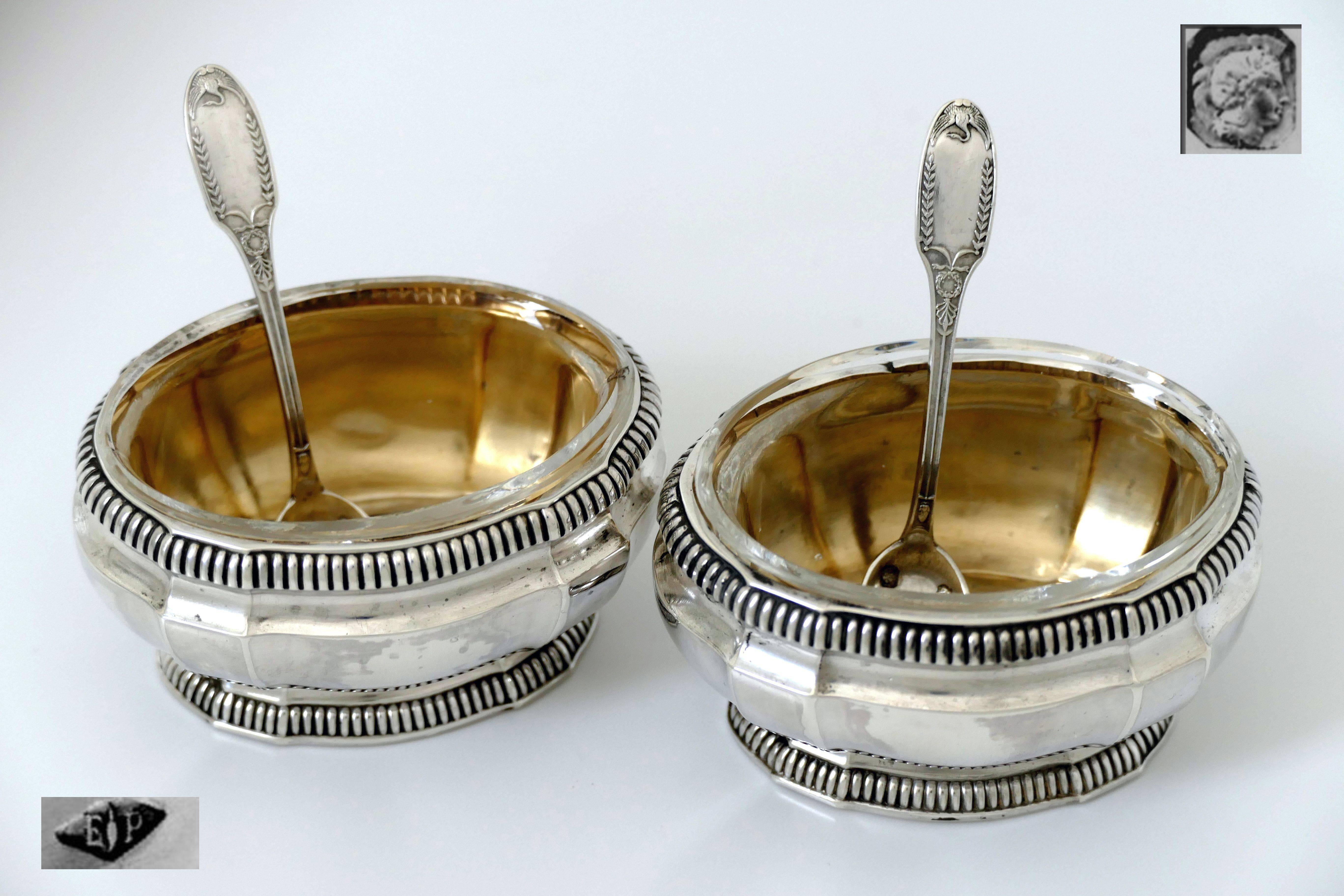 Head of Minerve 1st titre for 950/1000 French sterling silver vermeil guarantee. The quality of the gold used to recover sterling silver is a minimum of 750 mils (18-karat).

Fabulous antique French sterling silver salt cellars pair with his