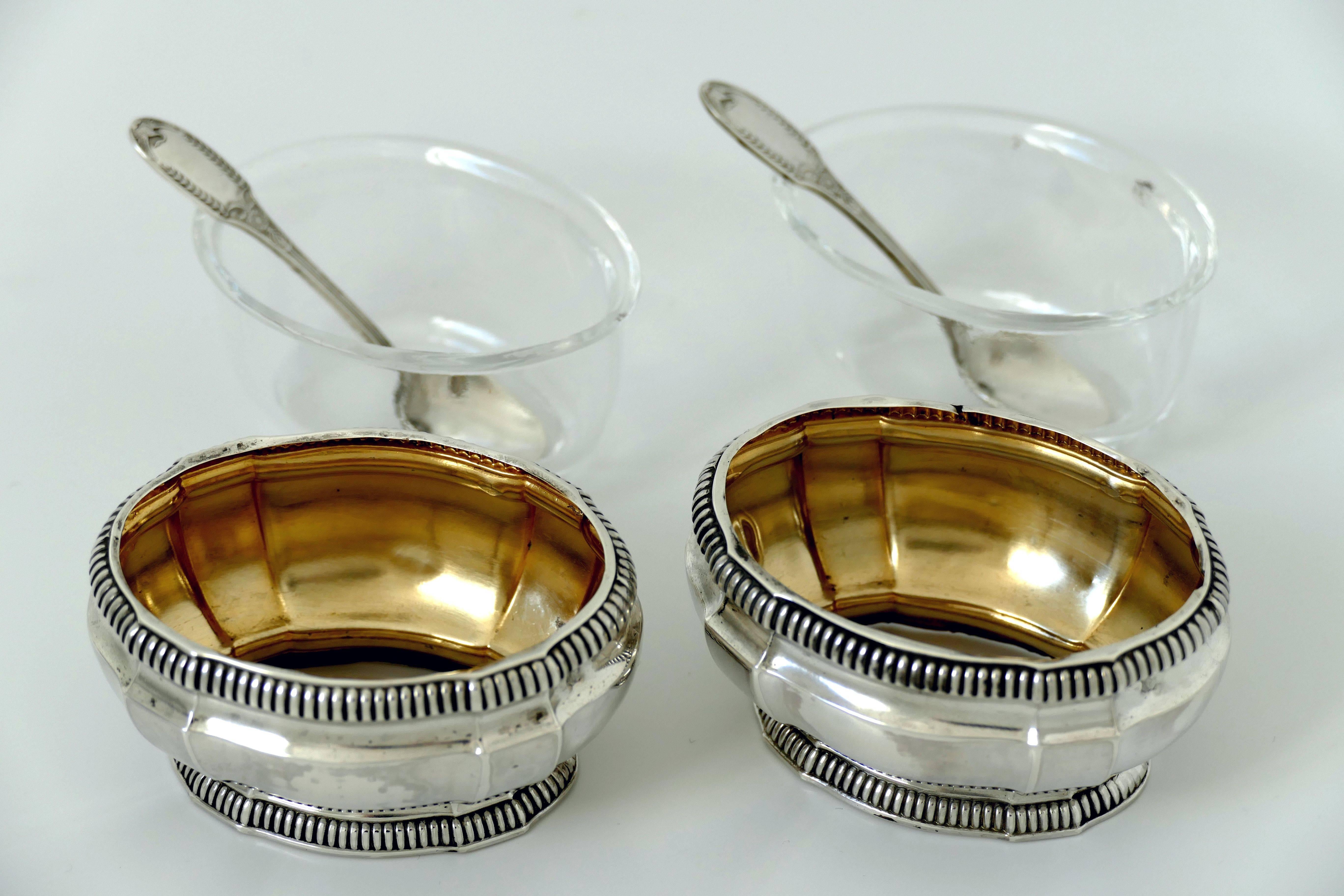 Early 20th Century Puiforcat French Sterling Silver Gold 18-Karat Salt Cellars Pair, Spoons, Box