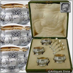 Coignet French Sterling Silver 18-Karat Gold Four Salt Cellars, Spoons, Box