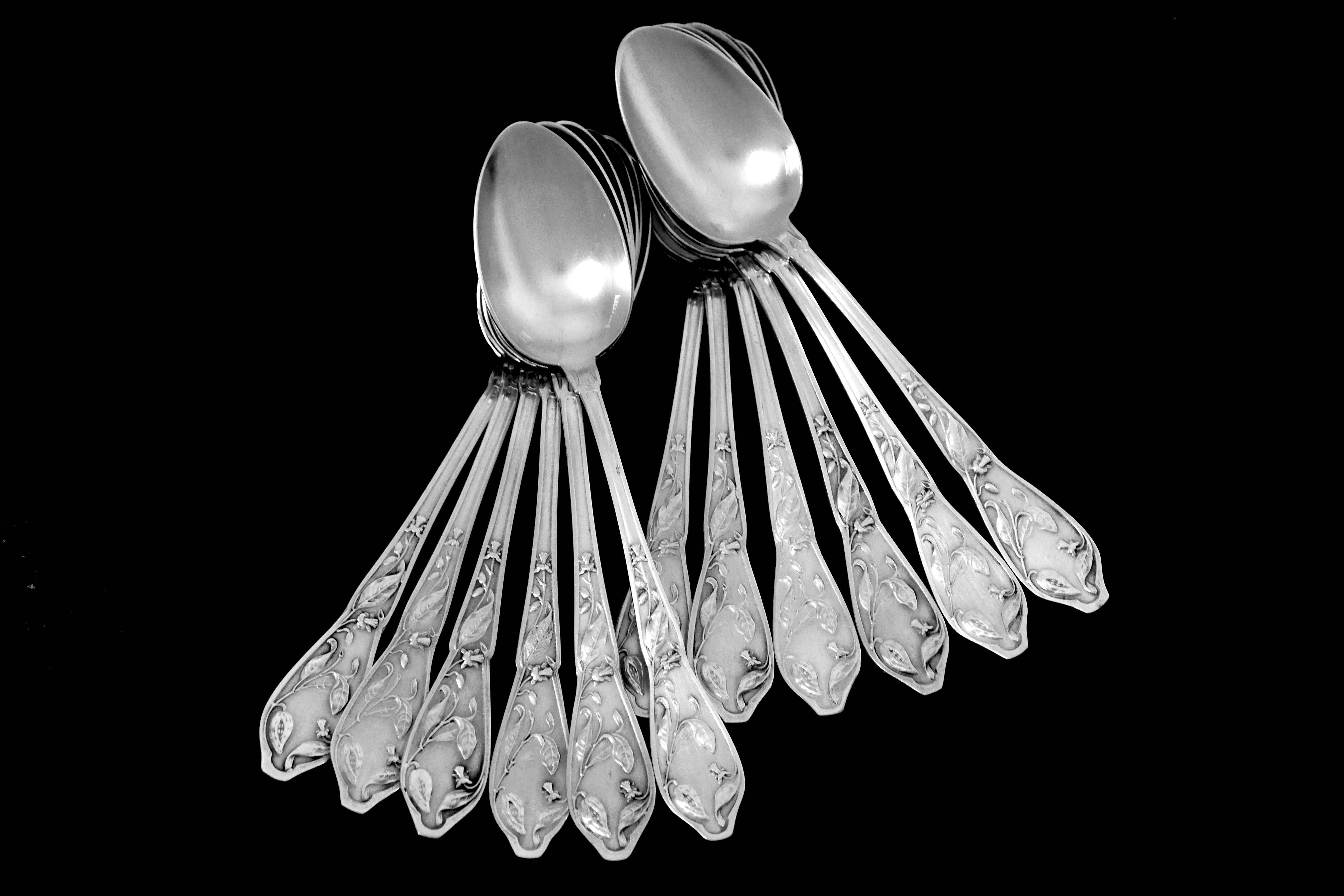 Art Nouveau Boulenger Masterpiece French Silver Tea Coffee Spoons Set, Cocoa Bean, Box For Sale