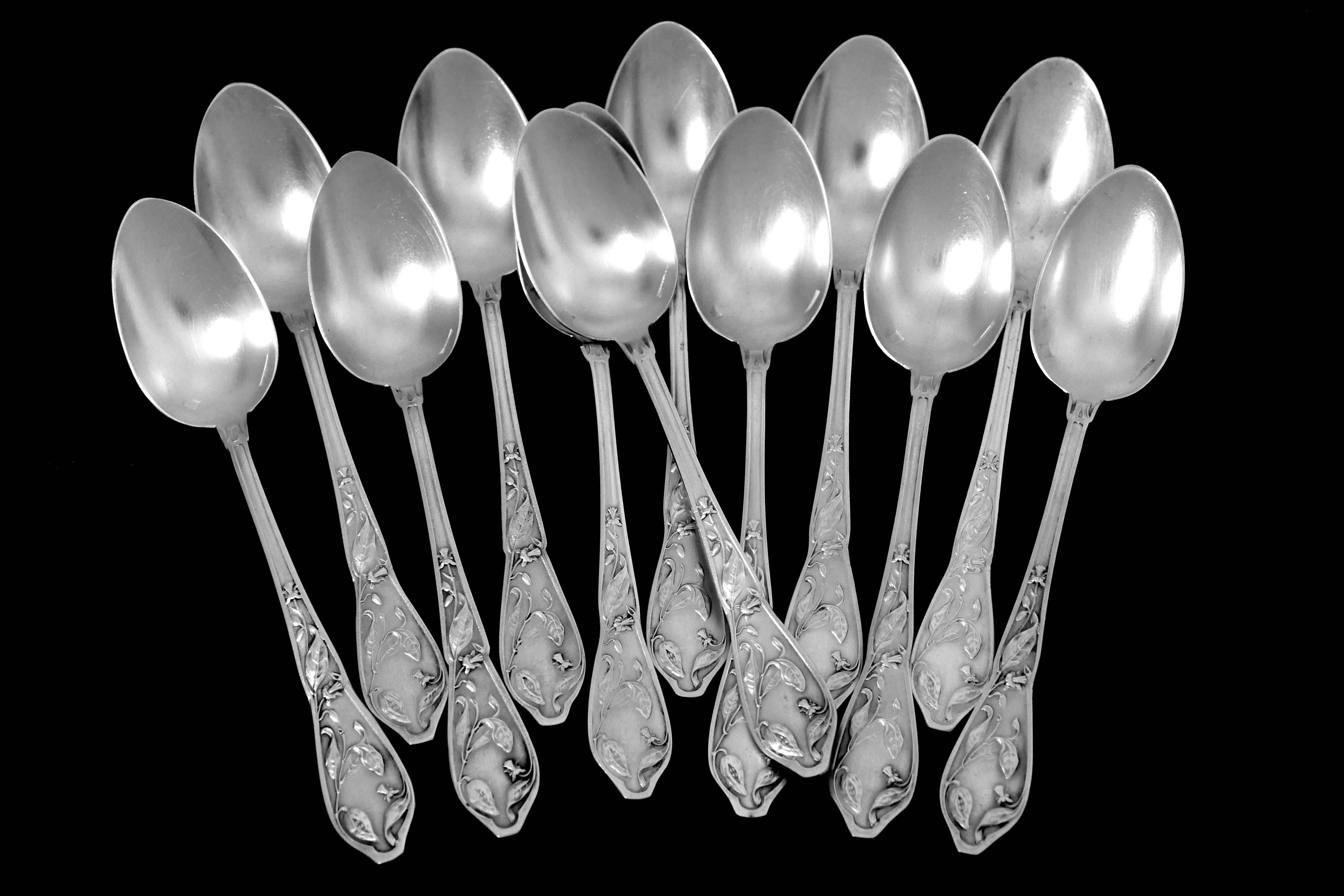 Boulenger Masterpiece French Silver Tea Coffee Spoons Set, Cocoa Bean, Box In Good Condition For Sale In TRIAIZE, PAYS DE LOIRE