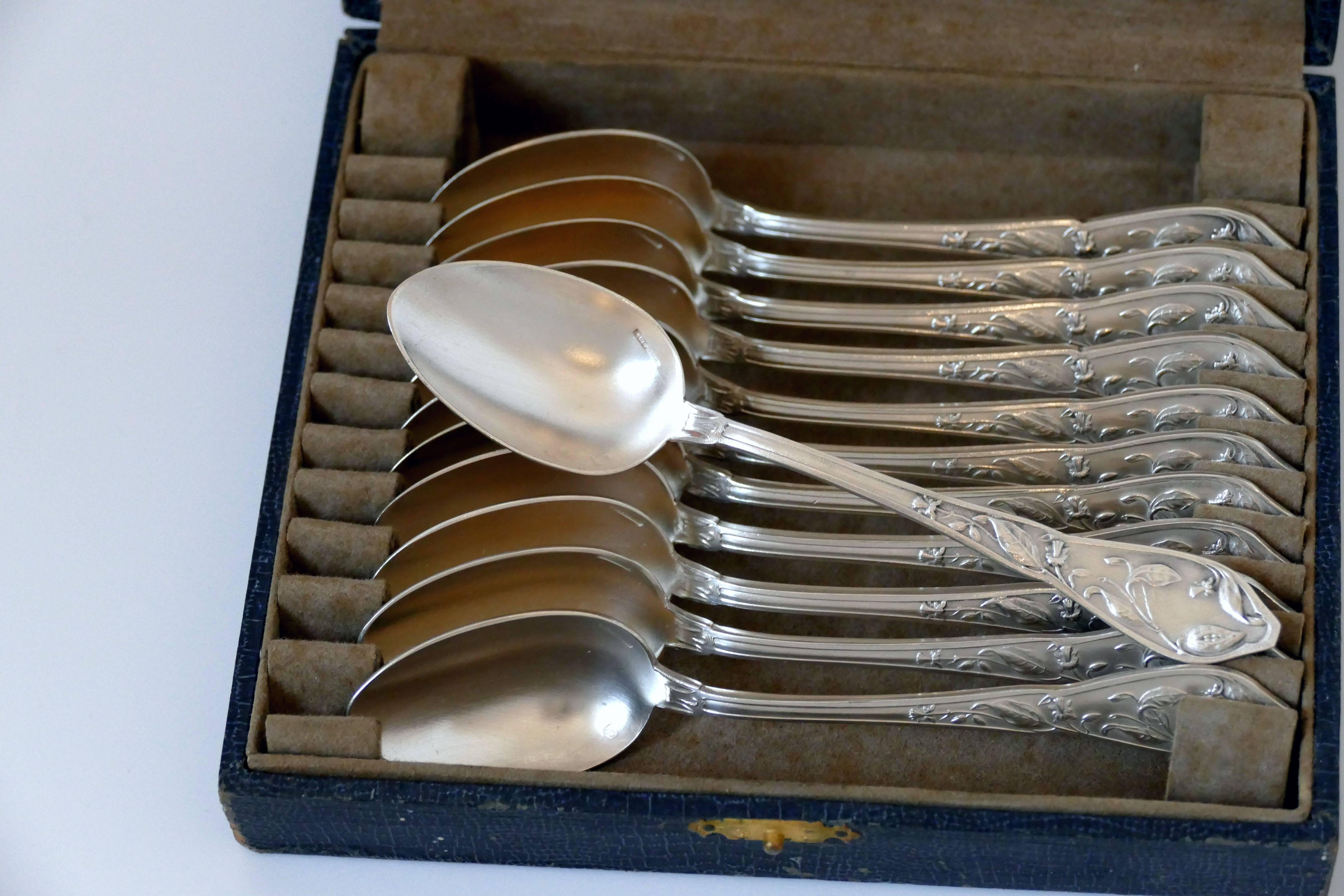 Boulenger Masterpiece French Silver Tea Coffee Spoons Set, Cocoa Bean, Box For Sale 1