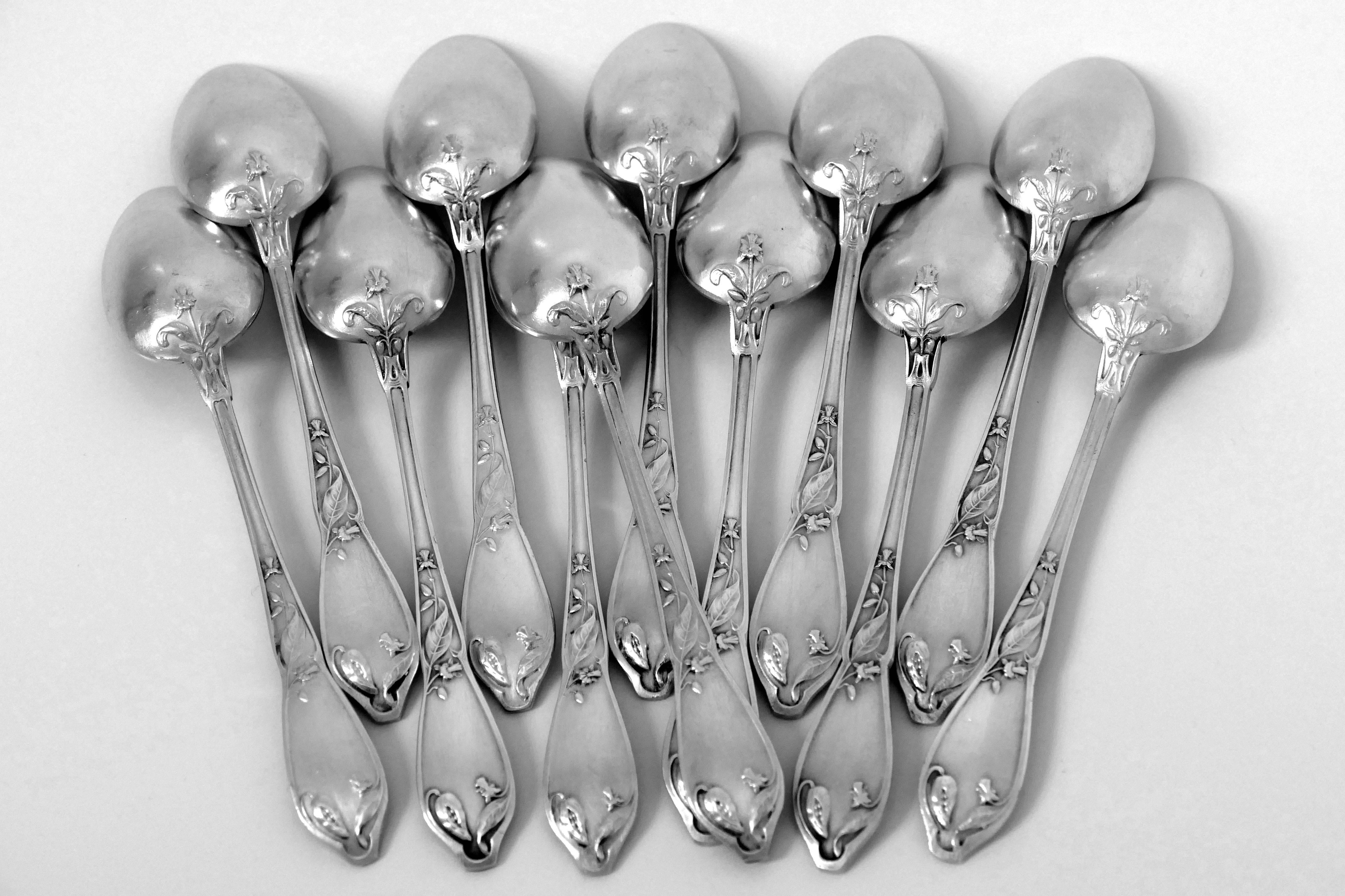 Late 19th Century Boulenger Masterpiece French Silver Tea Coffee Spoons Set, Cocoa Bean, Box For Sale