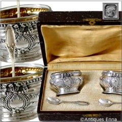 Antique French Sterling Silver 18-karat Gold Salt Cellars Pair, Spoons, Box