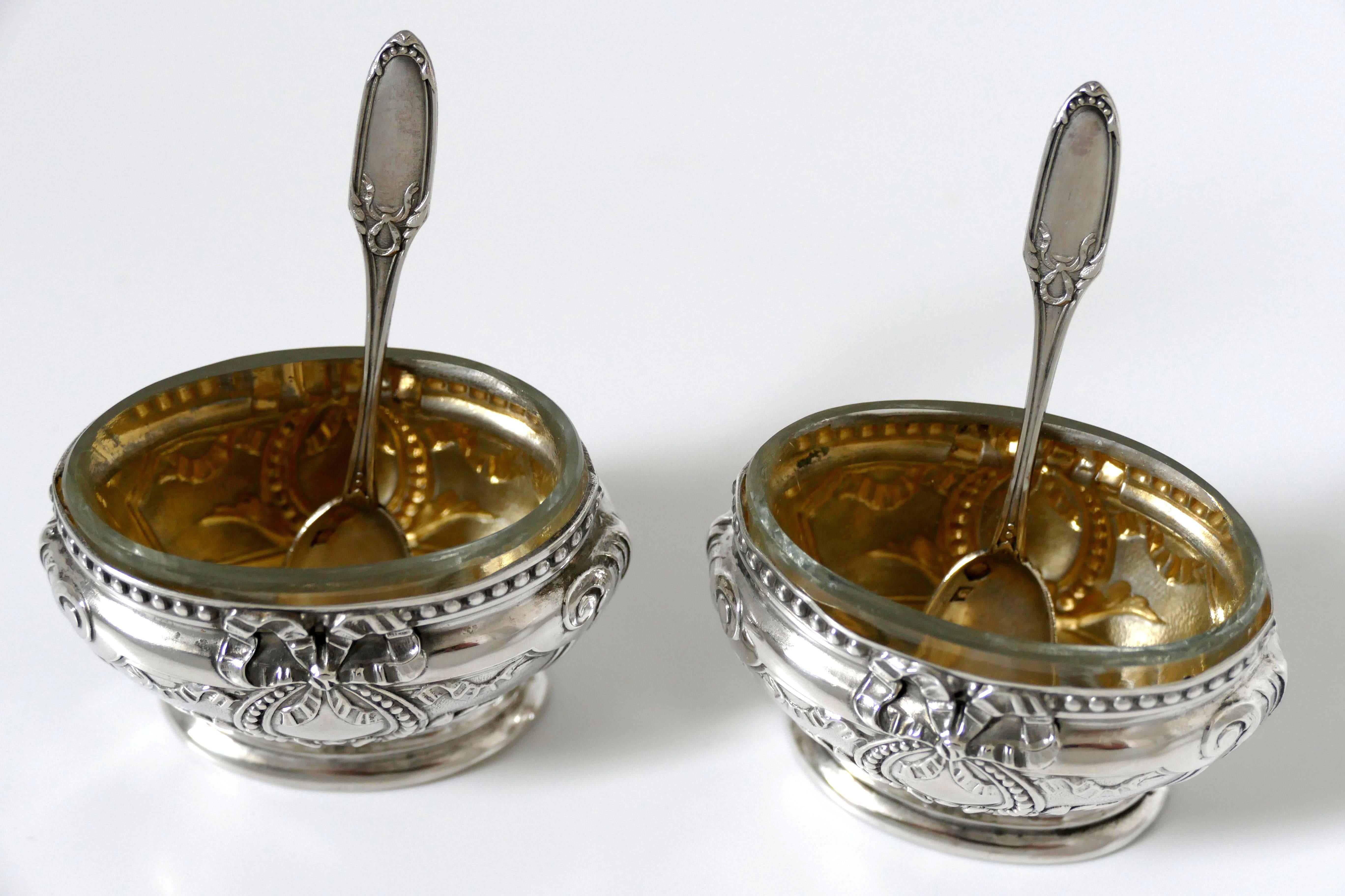 Neoclassical Antique French Sterling Silver 18-karat Gold Salt Cellars Pair, Spoons, Box For Sale