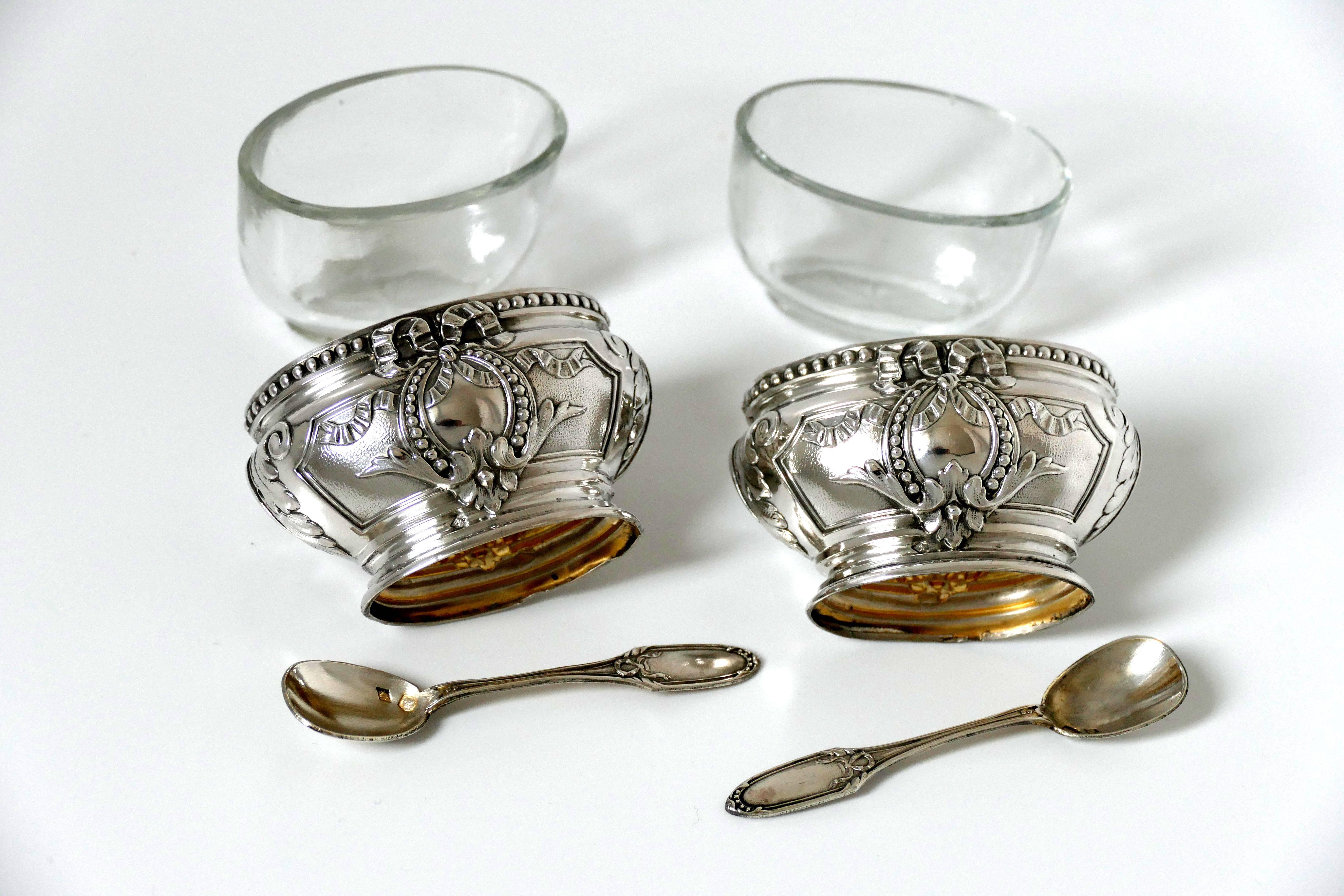 Early 20th Century Antique French Sterling Silver 18-karat Gold Salt Cellars Pair, Spoons, Box For Sale