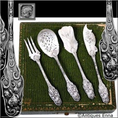 Antique French All Sterling Silver Dessert Hors D'oeuvre Set 4 Pc with Box, Iris