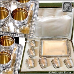 Rare French Sterling Silver 18-Karat Gold Liquor Cups and Tray, Box, Empire