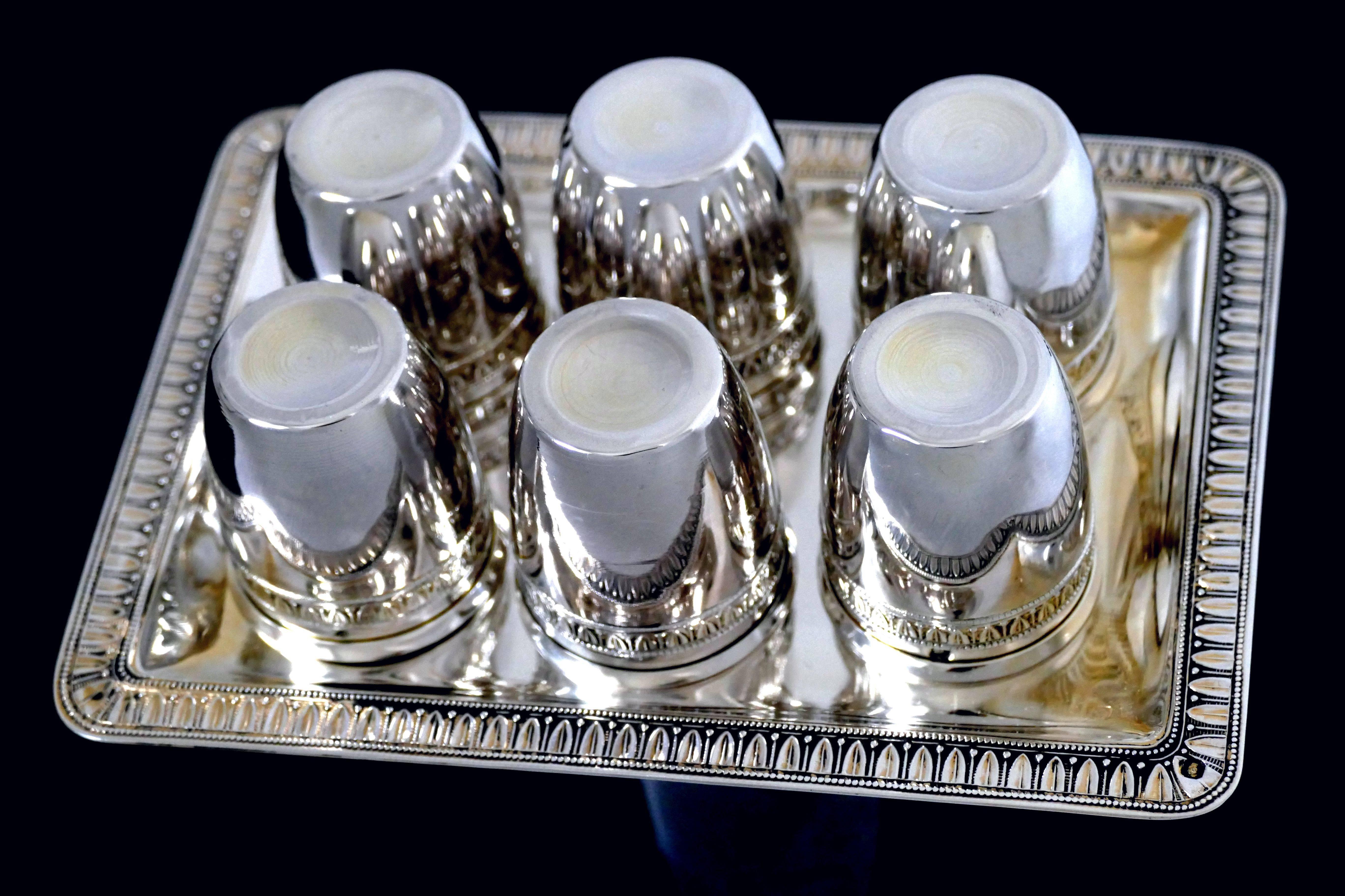 Late 19th Century Rare French Sterling Silver 18-Karat Gold Liquor Cups and Tray, Box, Empire For Sale