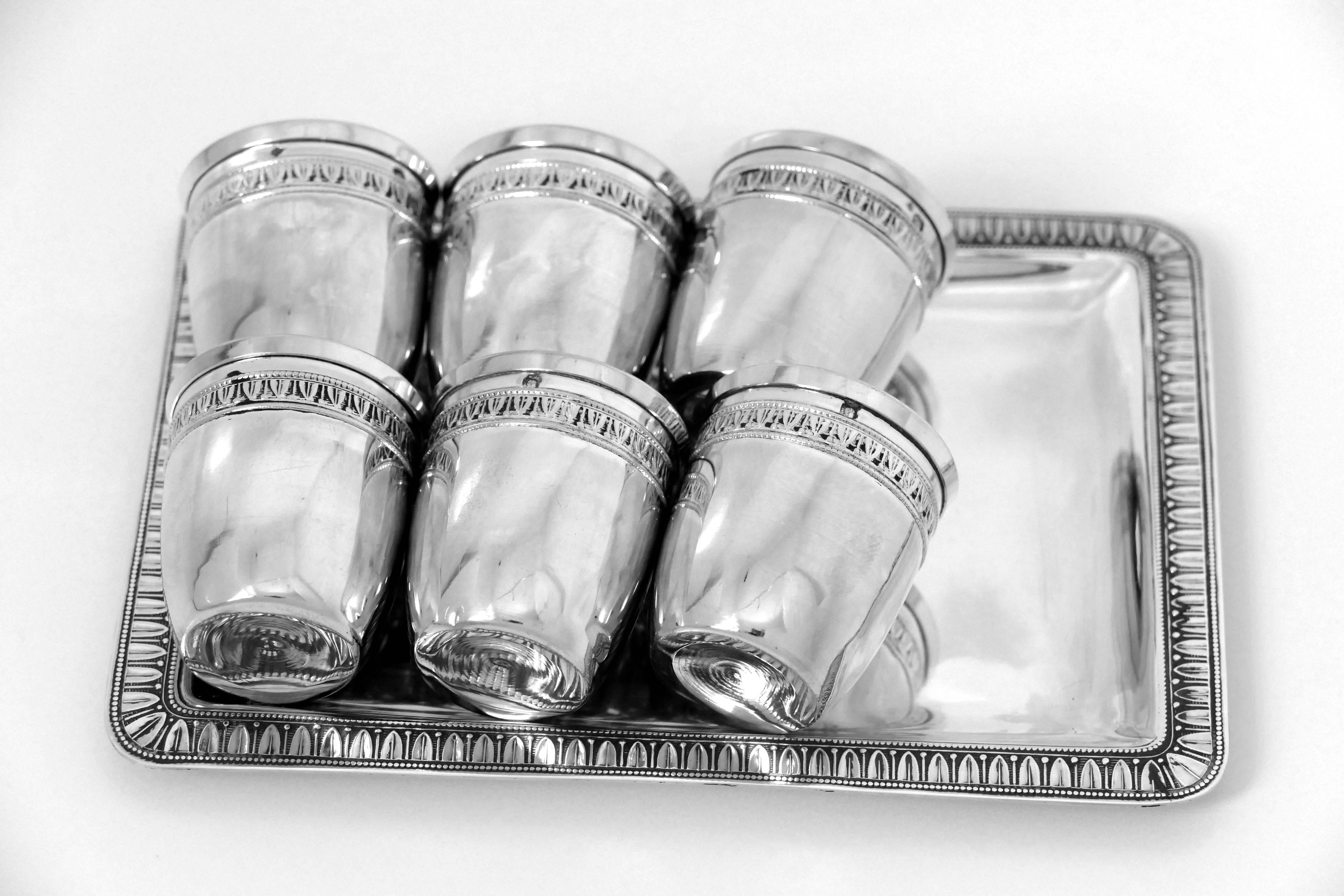 Rare French Sterling Silver 18-Karat Gold Liquor Cups and Tray, Box, Empire For Sale 5
