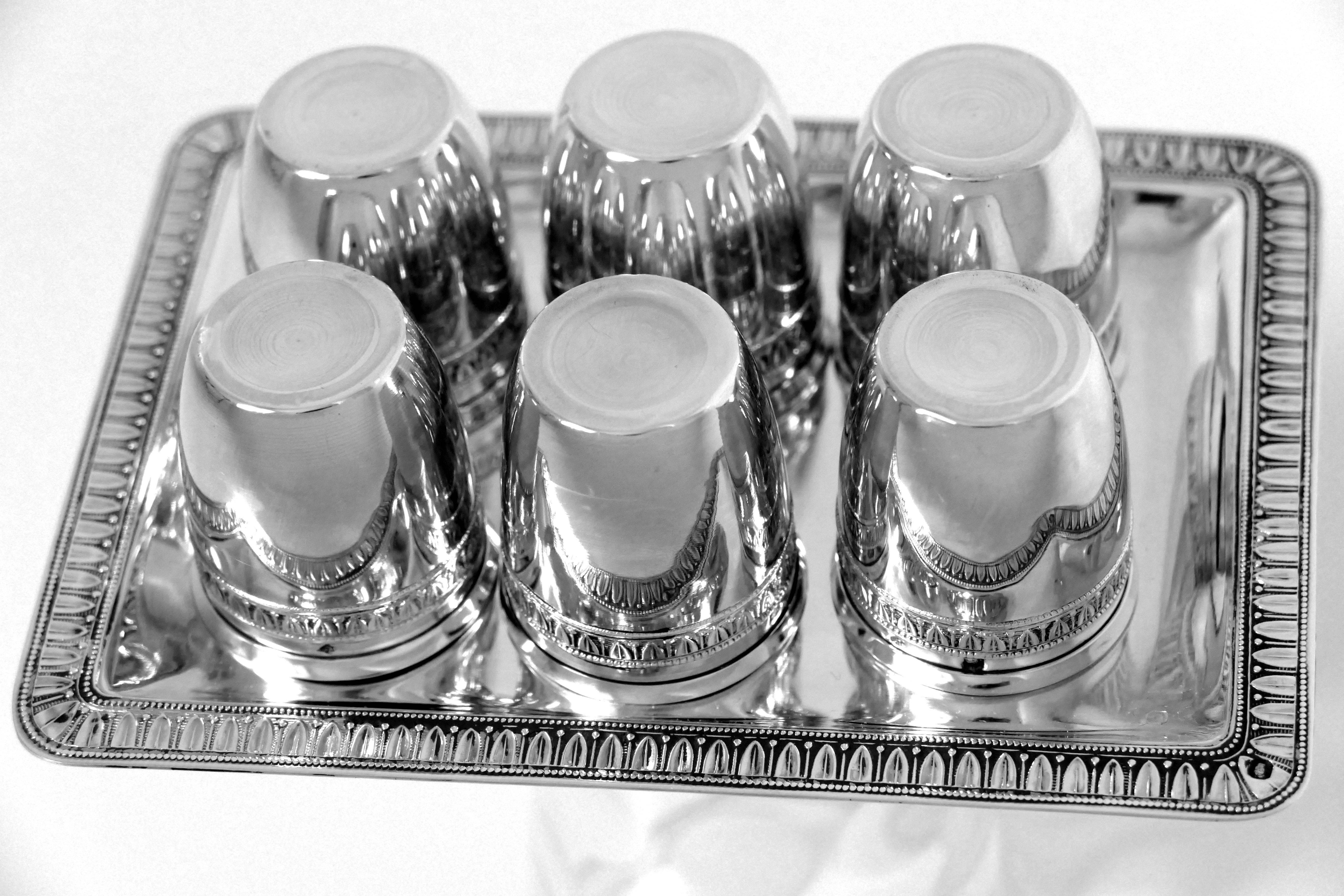 Rare French Sterling Silver 18-Karat Gold Liquor Cups and Tray, Box, Empire For Sale 2