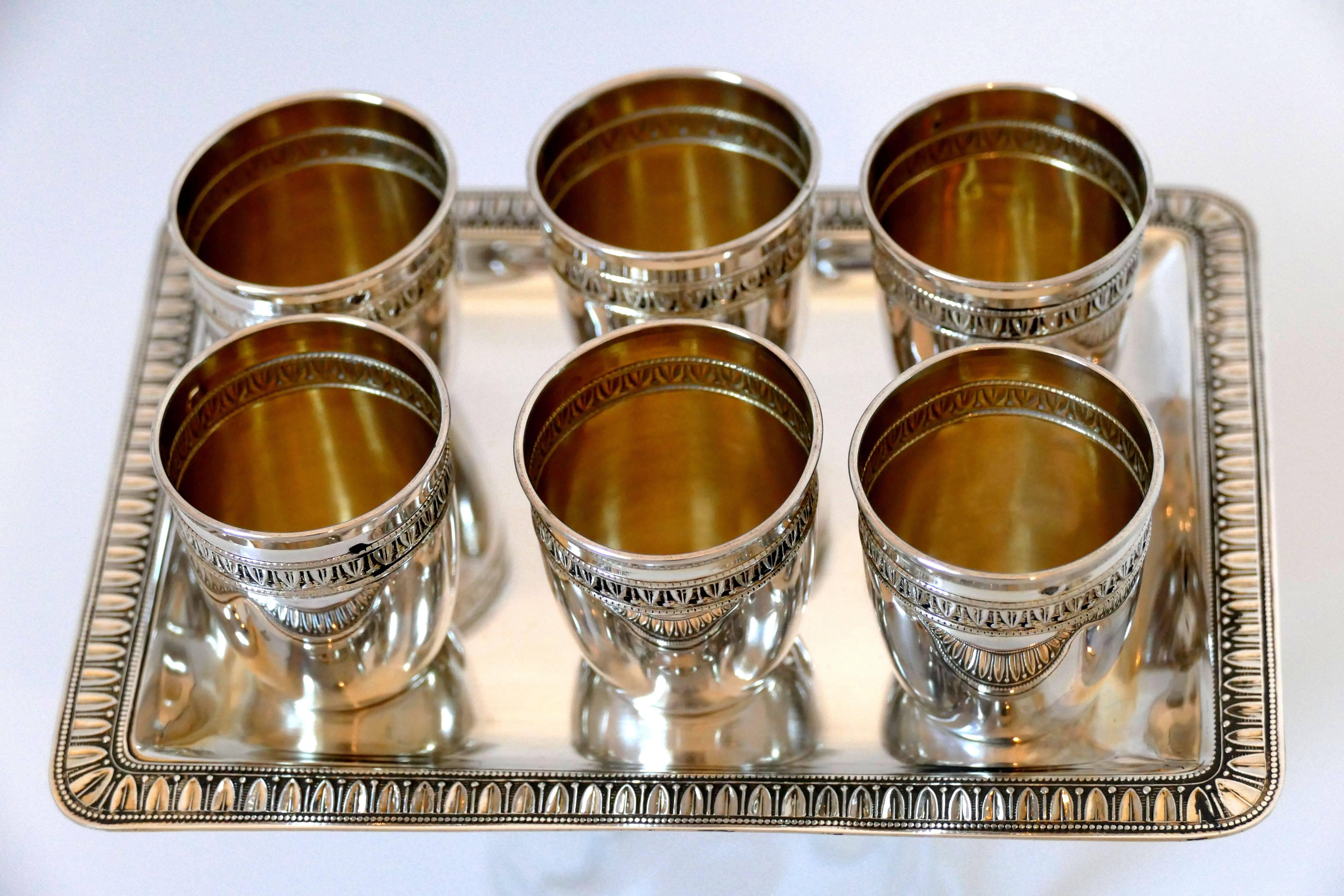 Rare French Sterling Silver 18-Karat Gold Liquor Cups and Tray, Box, Empire For Sale 1