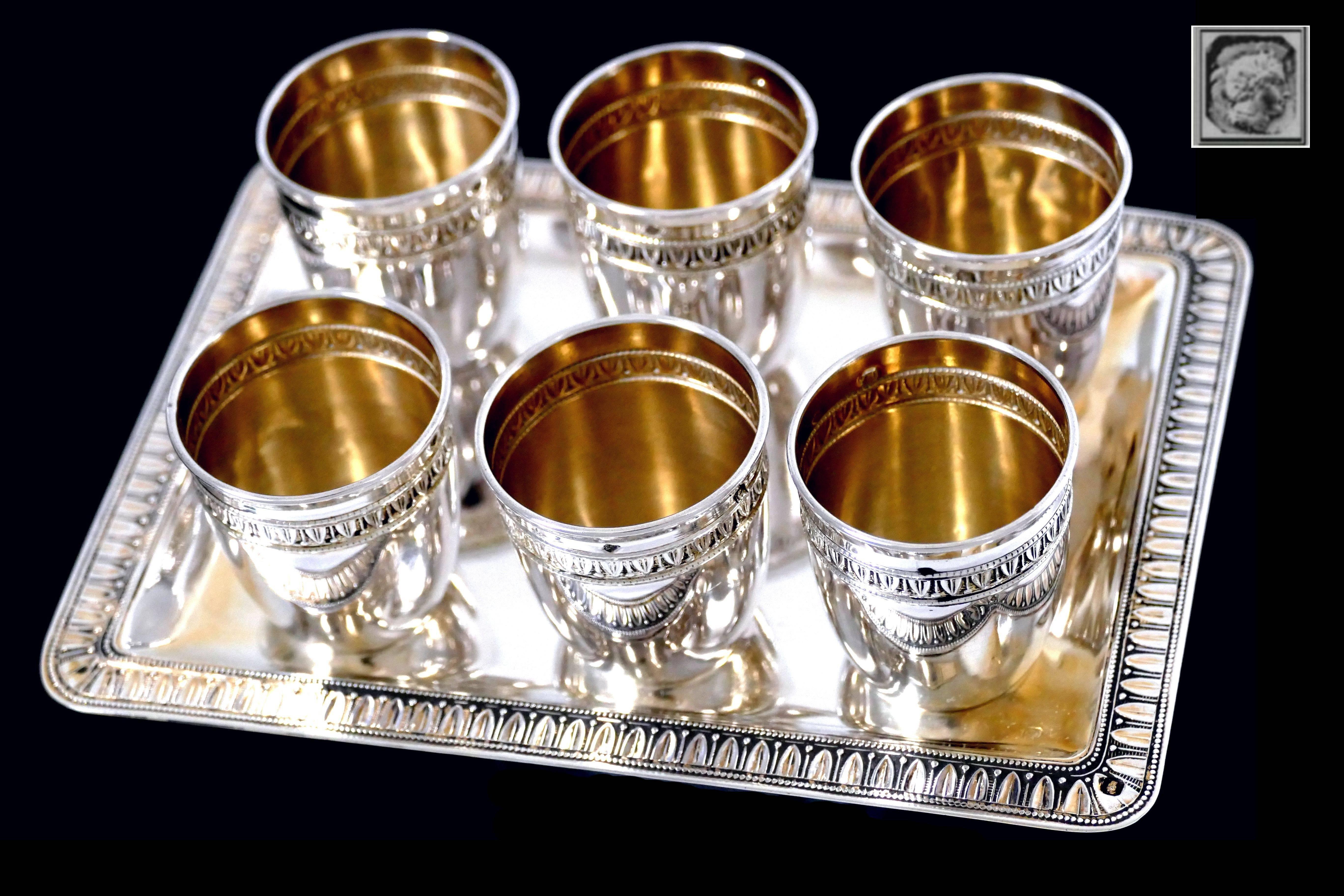 Rare French Sterling Silver 18-Karat Gold Liquor Cups and Tray, Box, Empire In Good Condition For Sale In TRIAIZE, PAYS DE LOIRE