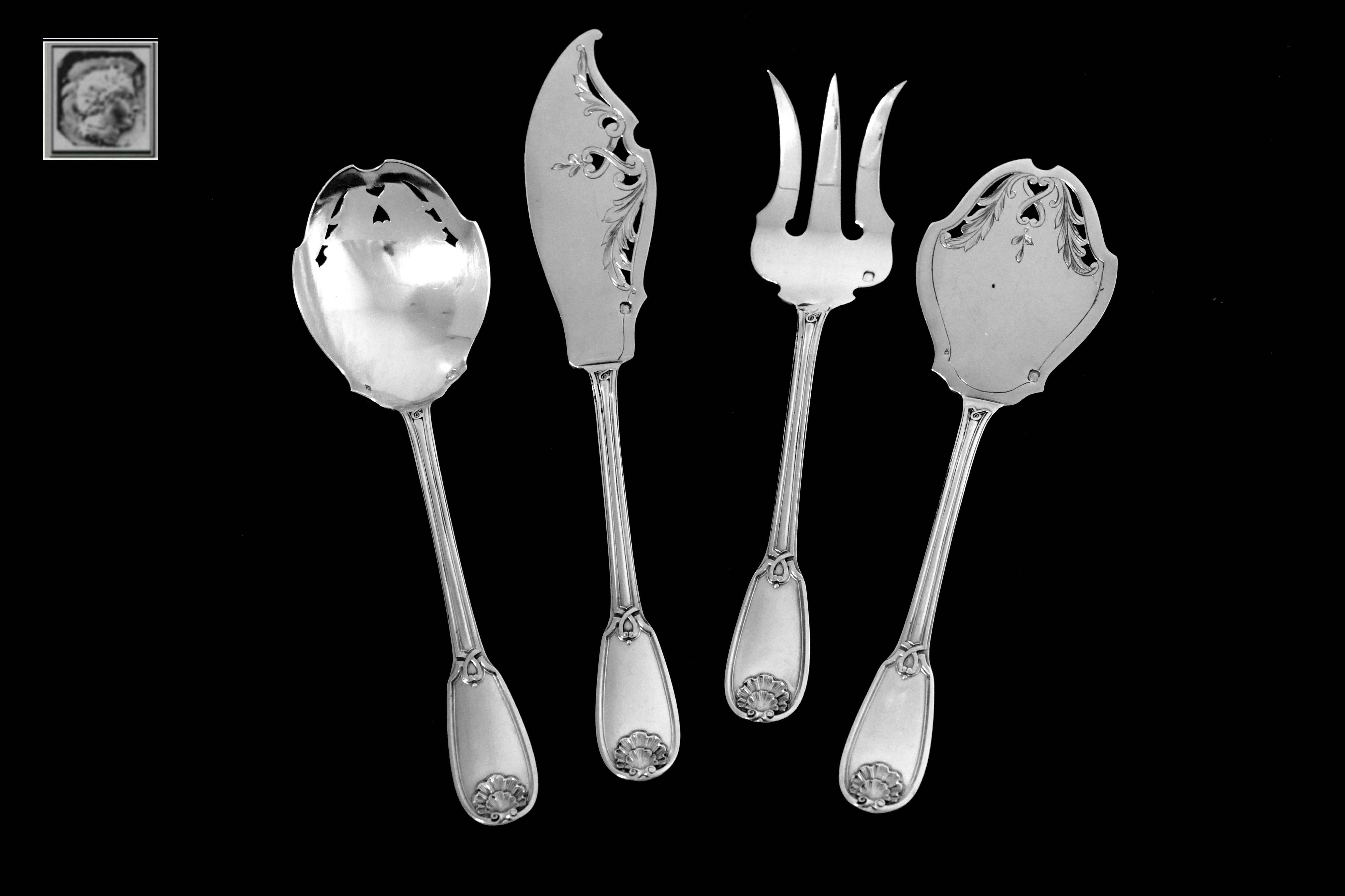 Early 20th Century Ricard French All Sterling Silver Dessert Hors D'oeuvre Set 4 Pc, Box, Regency For Sale