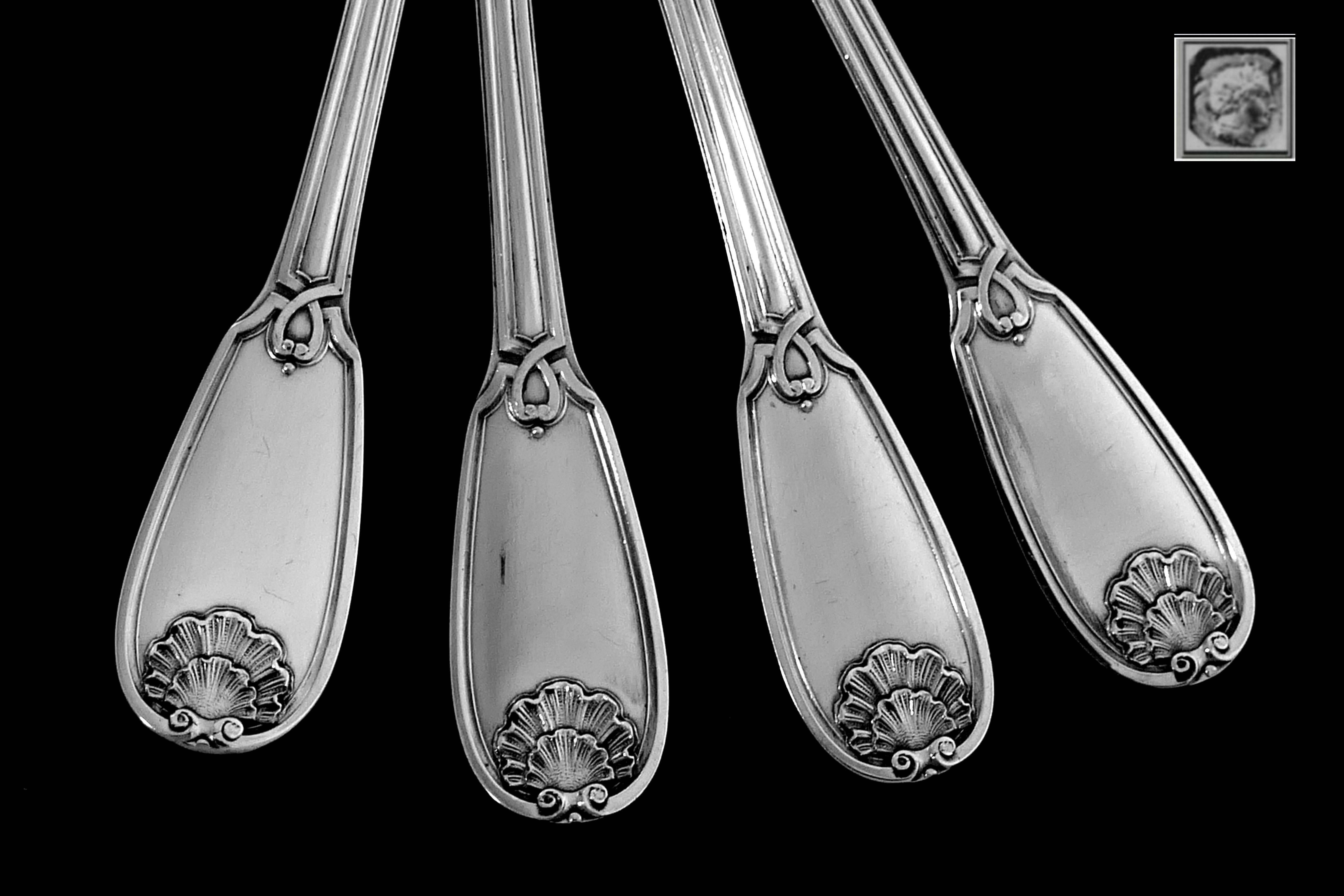 Ricard French All Sterling Silver Dessert Hors D'oeuvre Set 4 Pc, Box, Regency In Good Condition For Sale In TRIAIZE, PAYS DE LOIRE