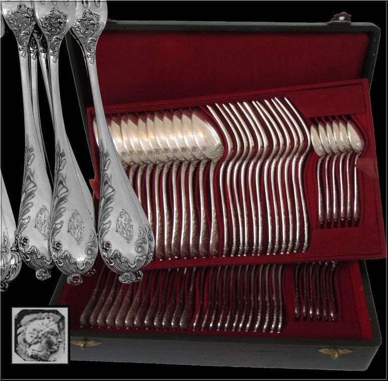 Puiforcat Debain French Sterling Silver Flatware Set 126 Pc, Chests