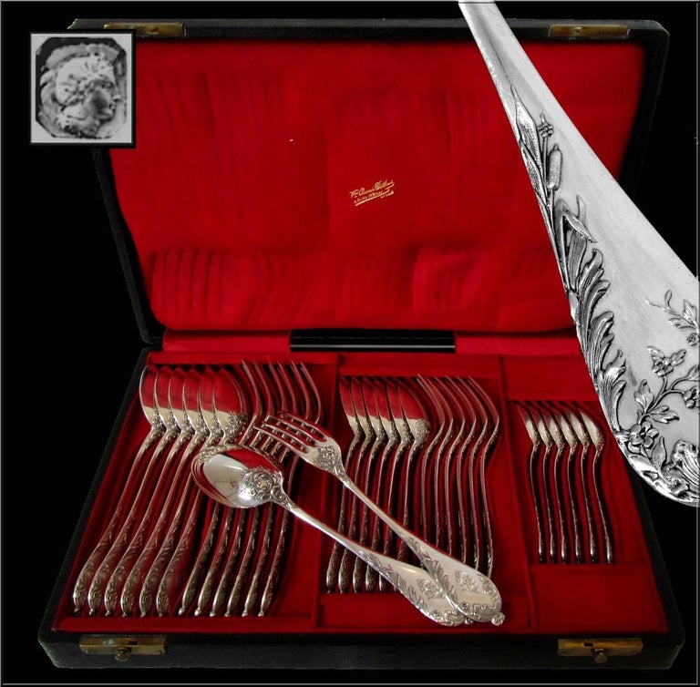 Puiforcat Debain French Sterling Silver Flatware Set 126 Pc, Chests