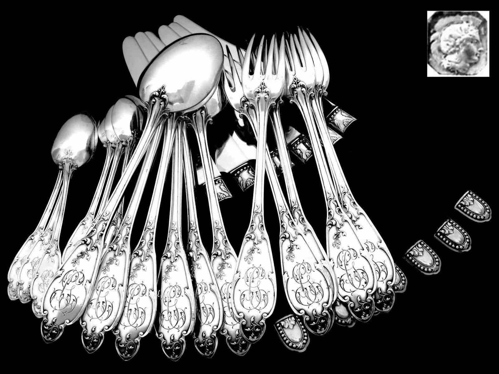 Henin Gorgeous French Sterling Silver Dinner Flatware Set of 49 Pieces Flowers For Sale 3