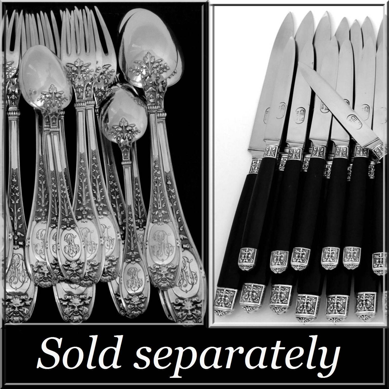 19th Rare French Ebony Sterling Silver Table Knife Set of 24 Pieces Mascaron 5