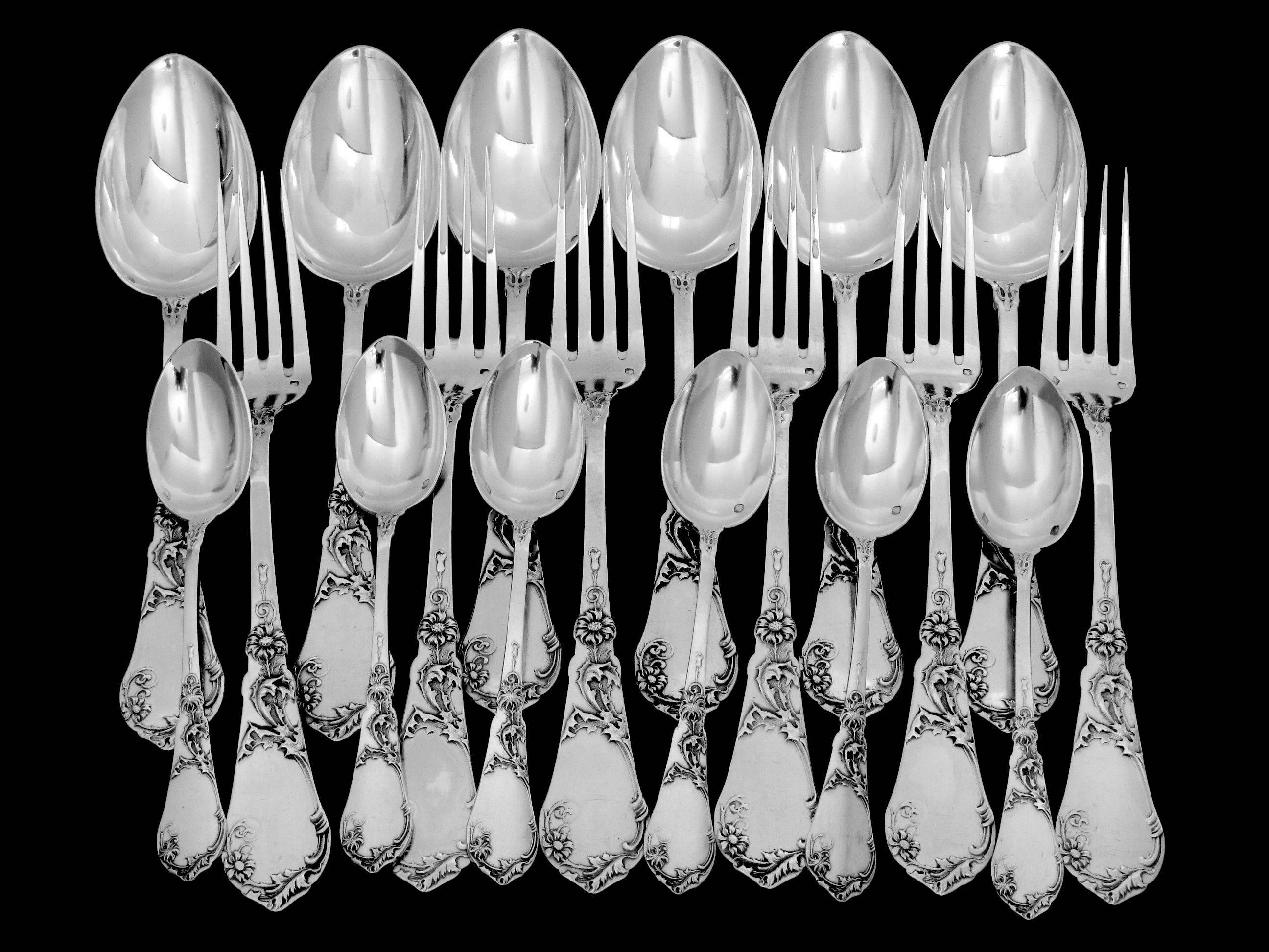 Coignet French Sterling Silver Dinner Flatware Set 18 Pieces Art Nouveau For Sale 1