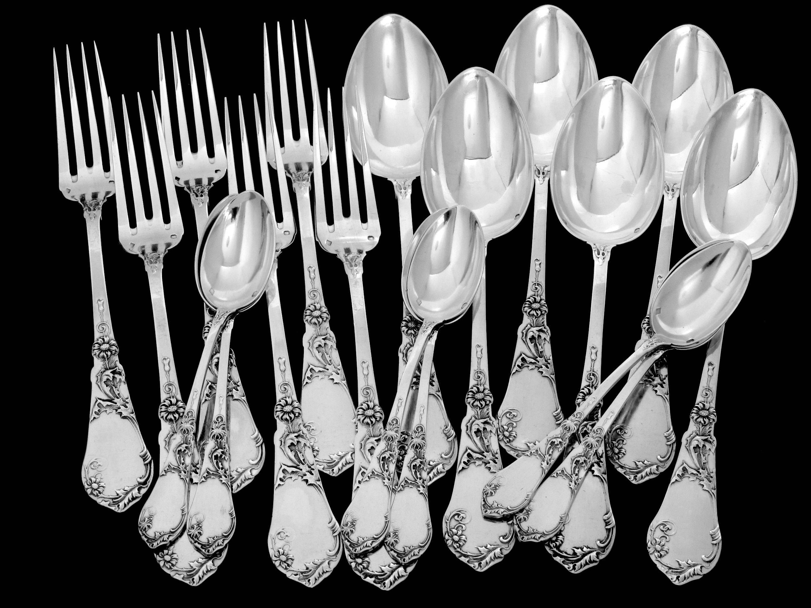 Coignet French Sterling Silver Dinner Flatware Set 18 Pieces Art Nouveau For Sale 4