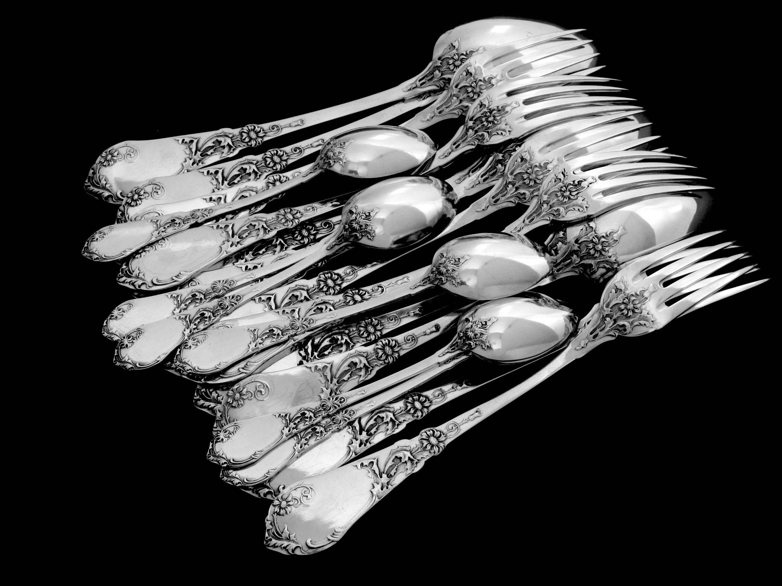 Coignet French Sterling Silver Dinner Flatware Set 18 Pieces Art Nouveau For Sale 5