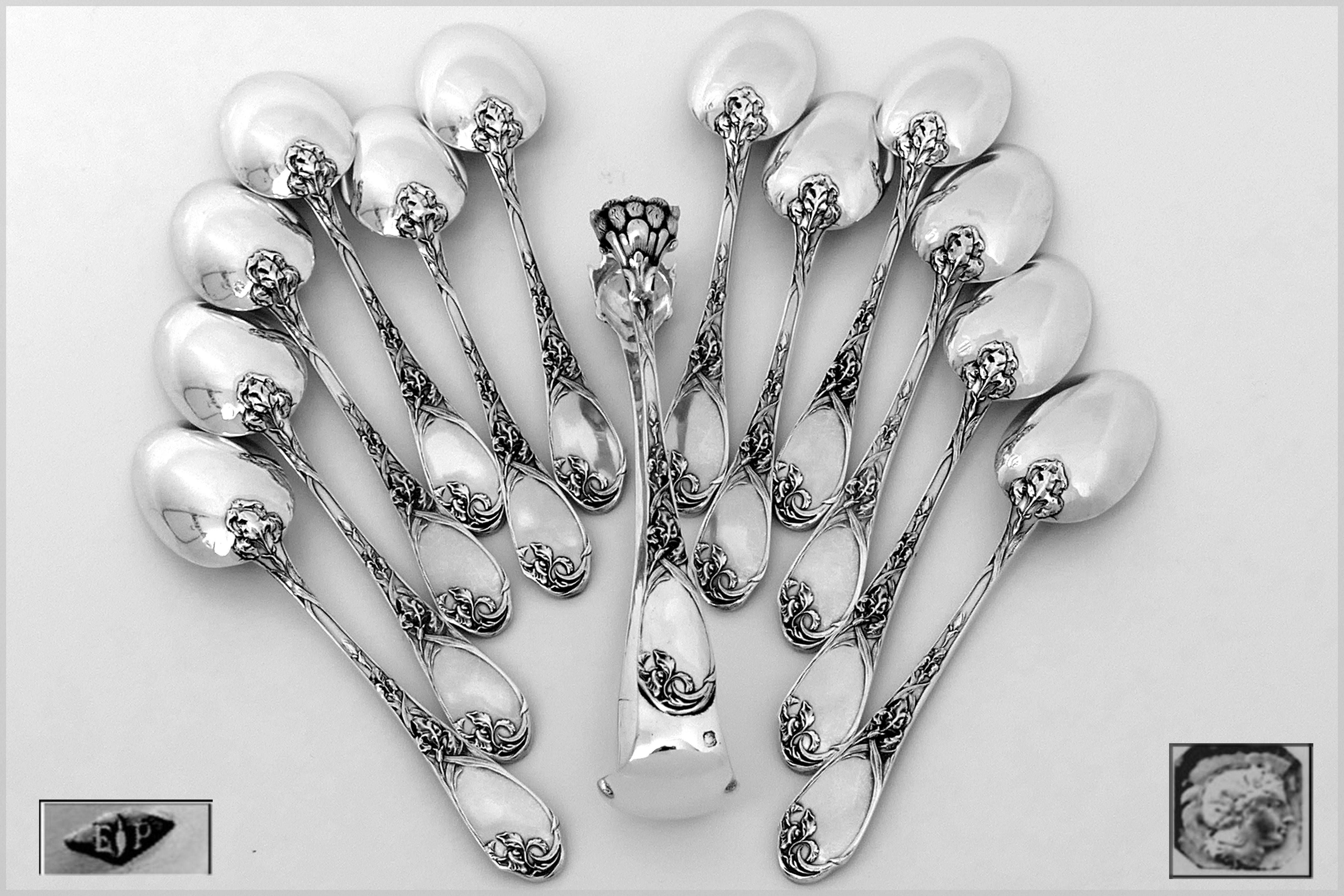 Puiforcat Rare French Sterling Silver Tea Spoons Set with Sugar Tongs, box, Iris For Sale 1