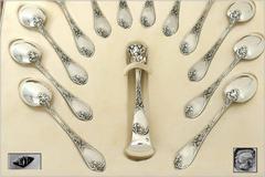 Puiforcat Rare French Sterling Silver Tea Spoons Set with Sugar Tongs, box, Iris