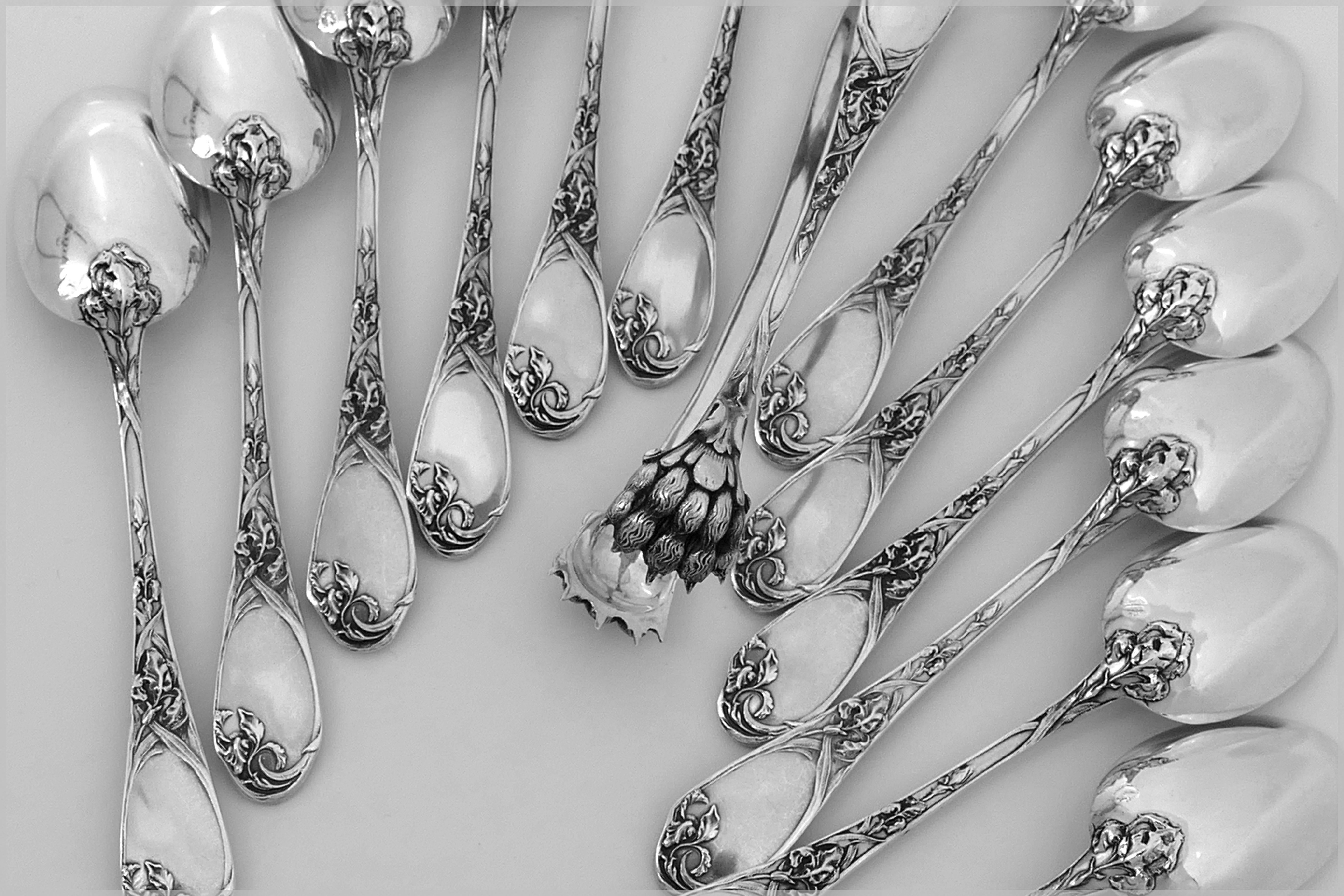 Late 19th Century Puiforcat Rare French Sterling Silver Tea Spoons Set with Sugar Tongs, box, Iris For Sale