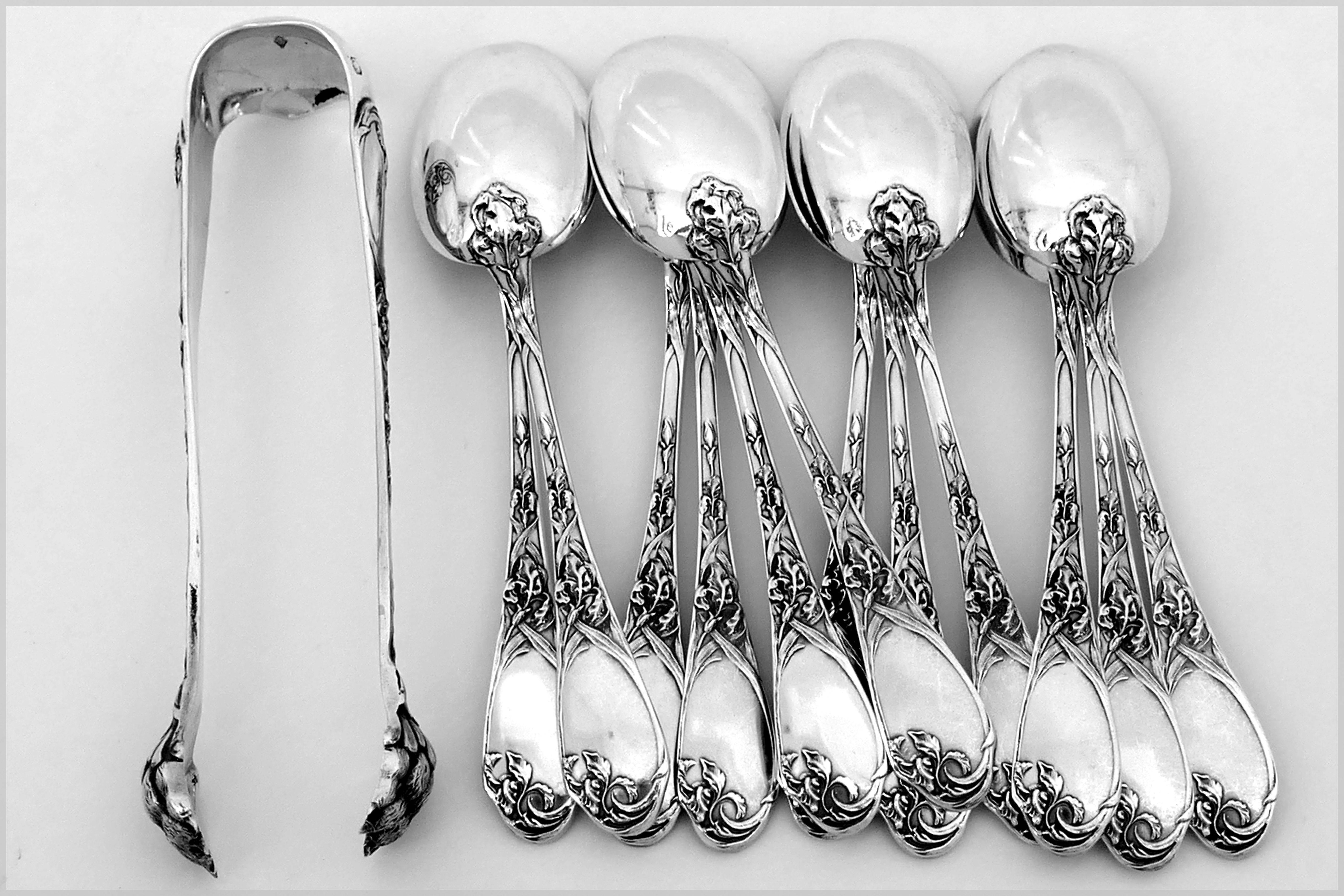 Puiforcat Rare French Sterling Silver Tea Spoons Set with Sugar Tongs, box, Iris For Sale 2