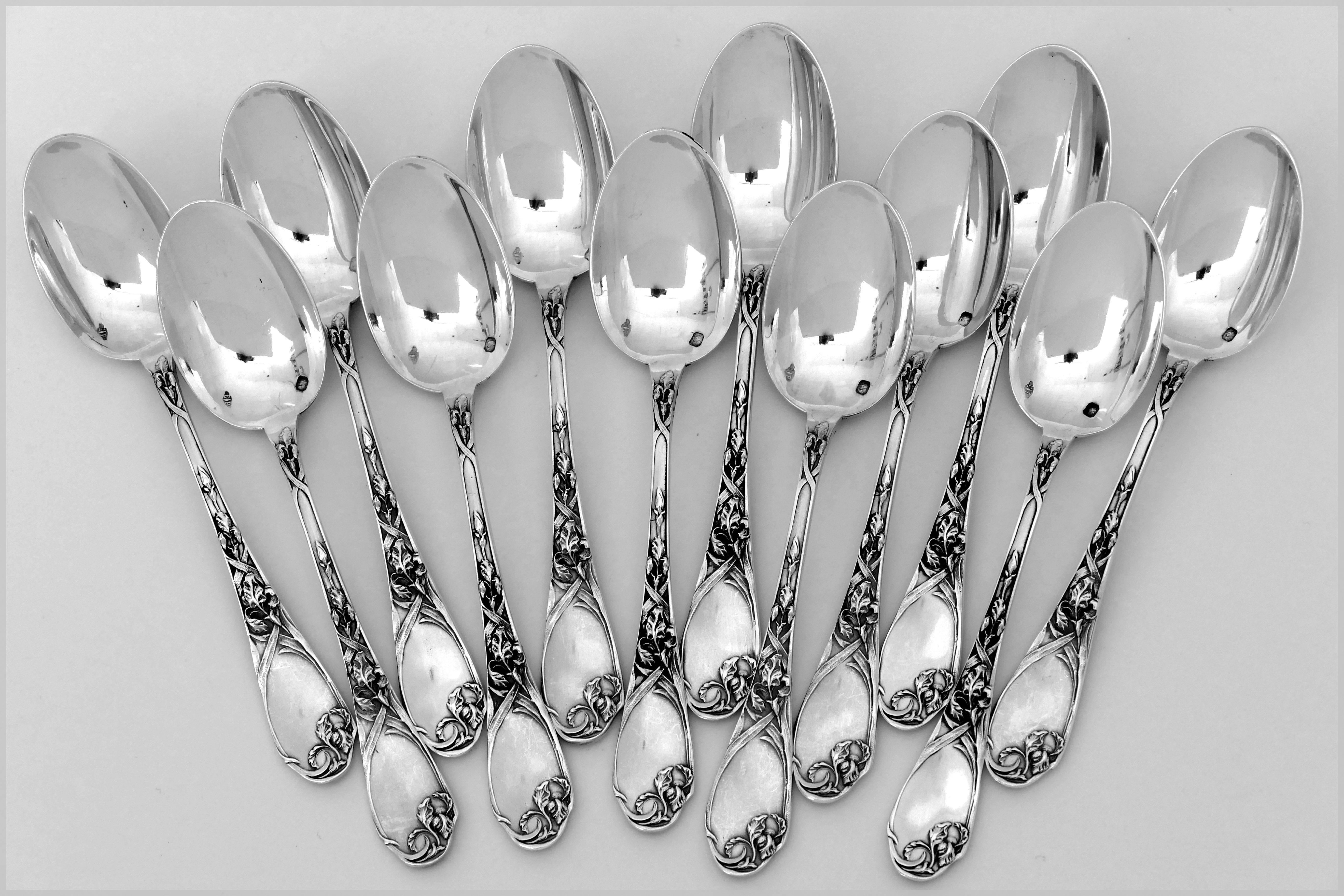 Art Nouveau Puiforcat Rare French Sterling Silver Tea Spoons Set with Sugar Tongs, box, Iris For Sale