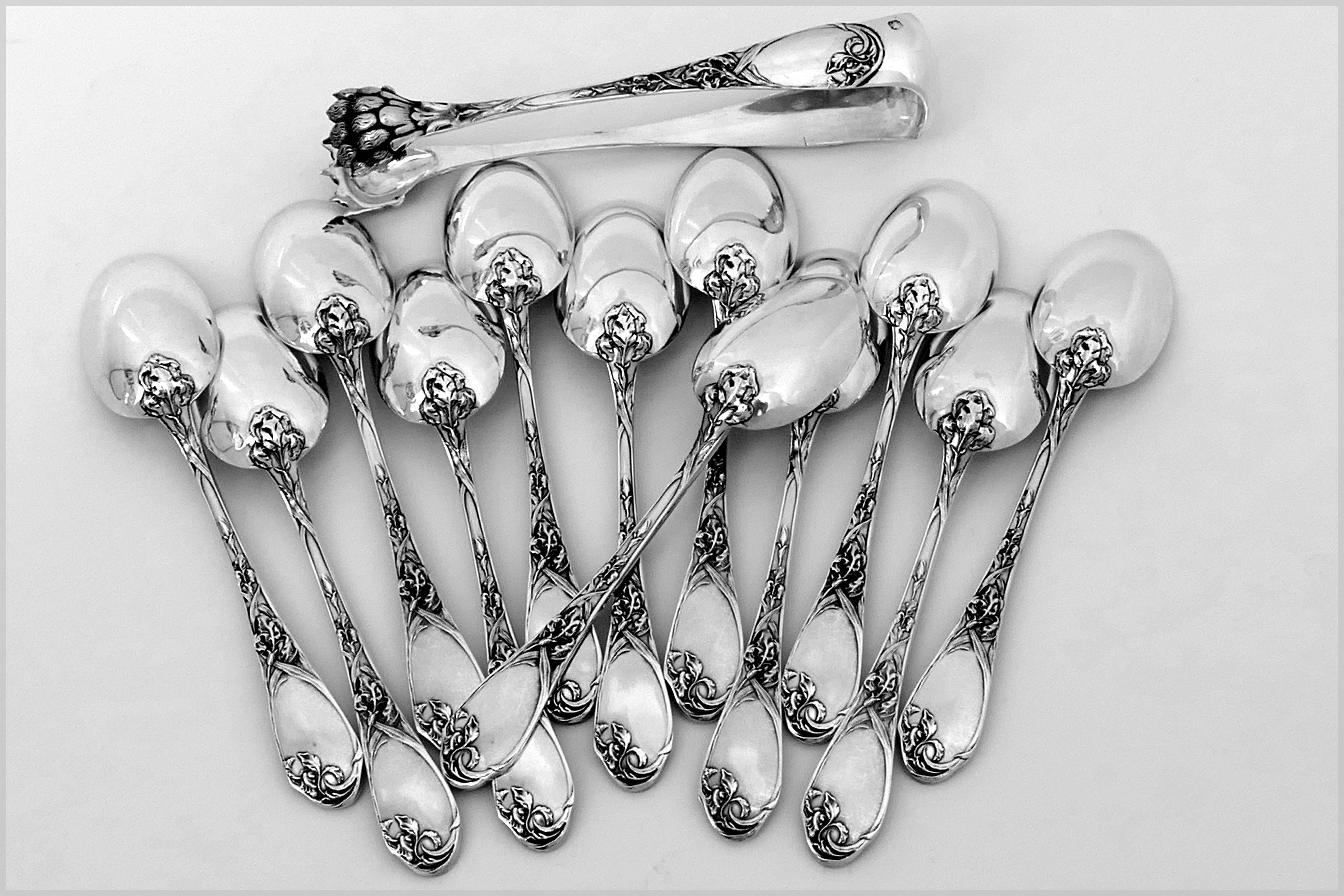 Puiforcat Rare French Sterling Silver Tea Spoons Set with Sugar Tongs, box, Iris For Sale 4