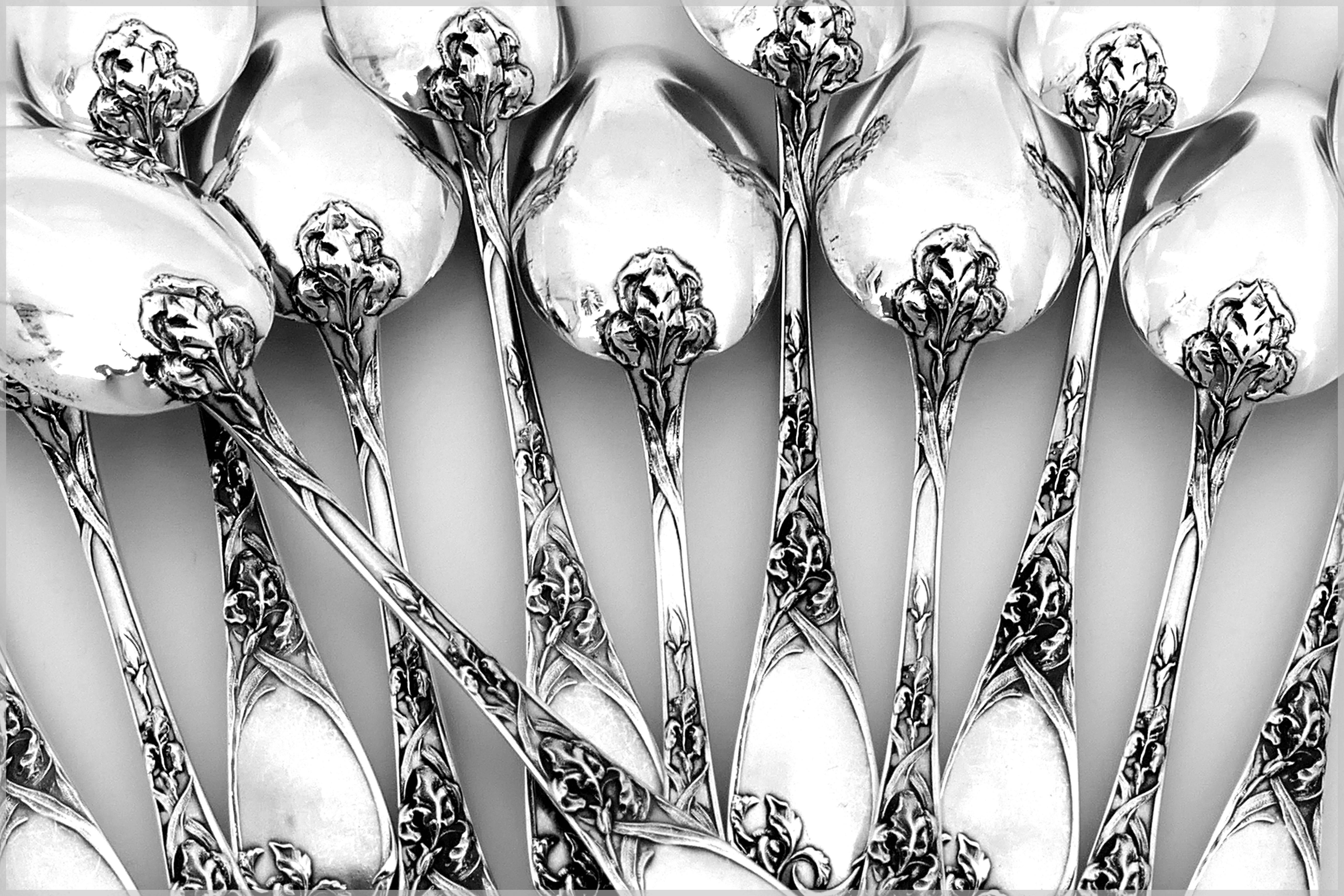 Puiforcat Rare French Sterling Silver Tea Spoons Set with Sugar Tongs, box, Iris For Sale 3
