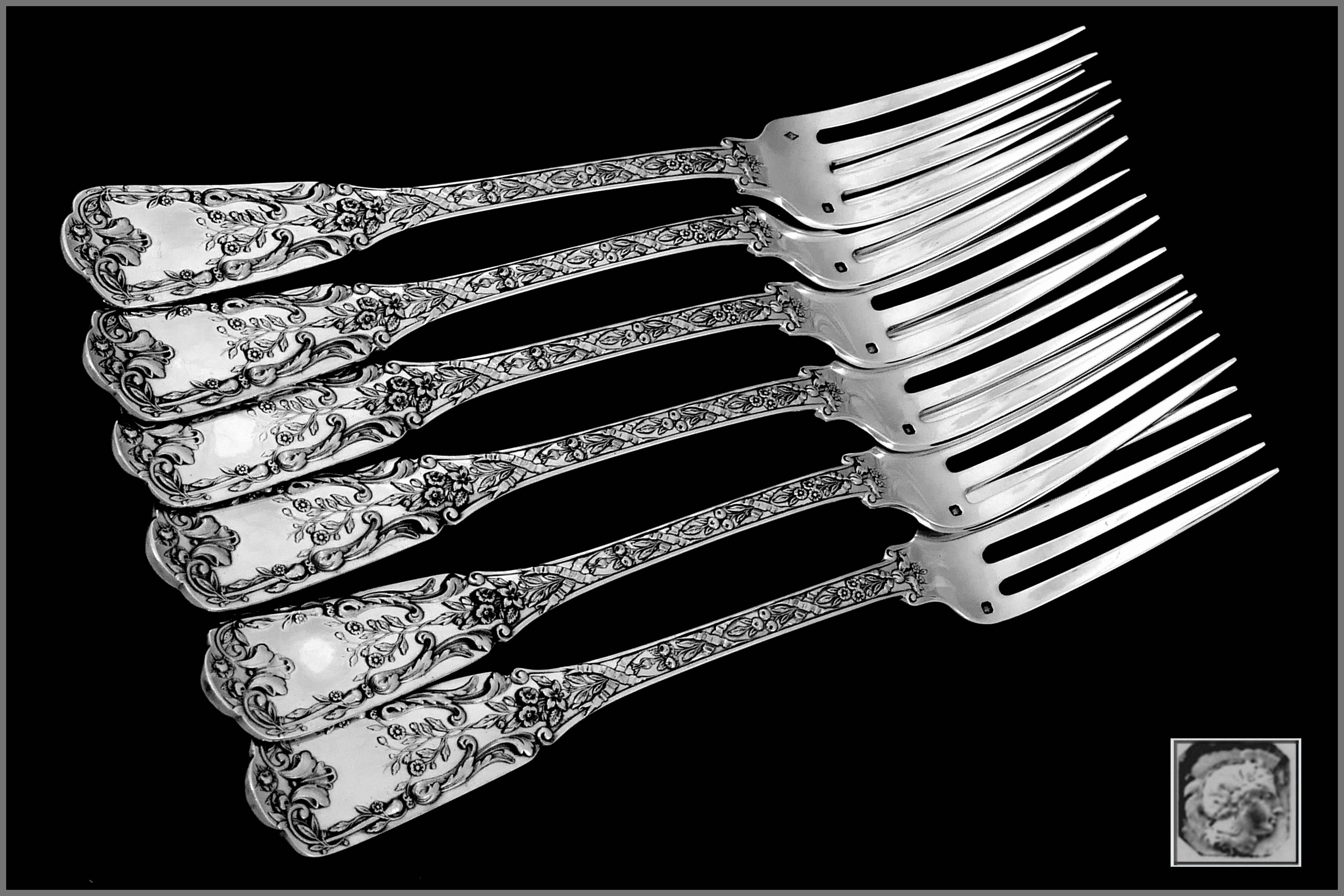 Cardeilhac French Sterling Silver Dinner Forks Set of Six Pieces, Neoclassical For Sale 1