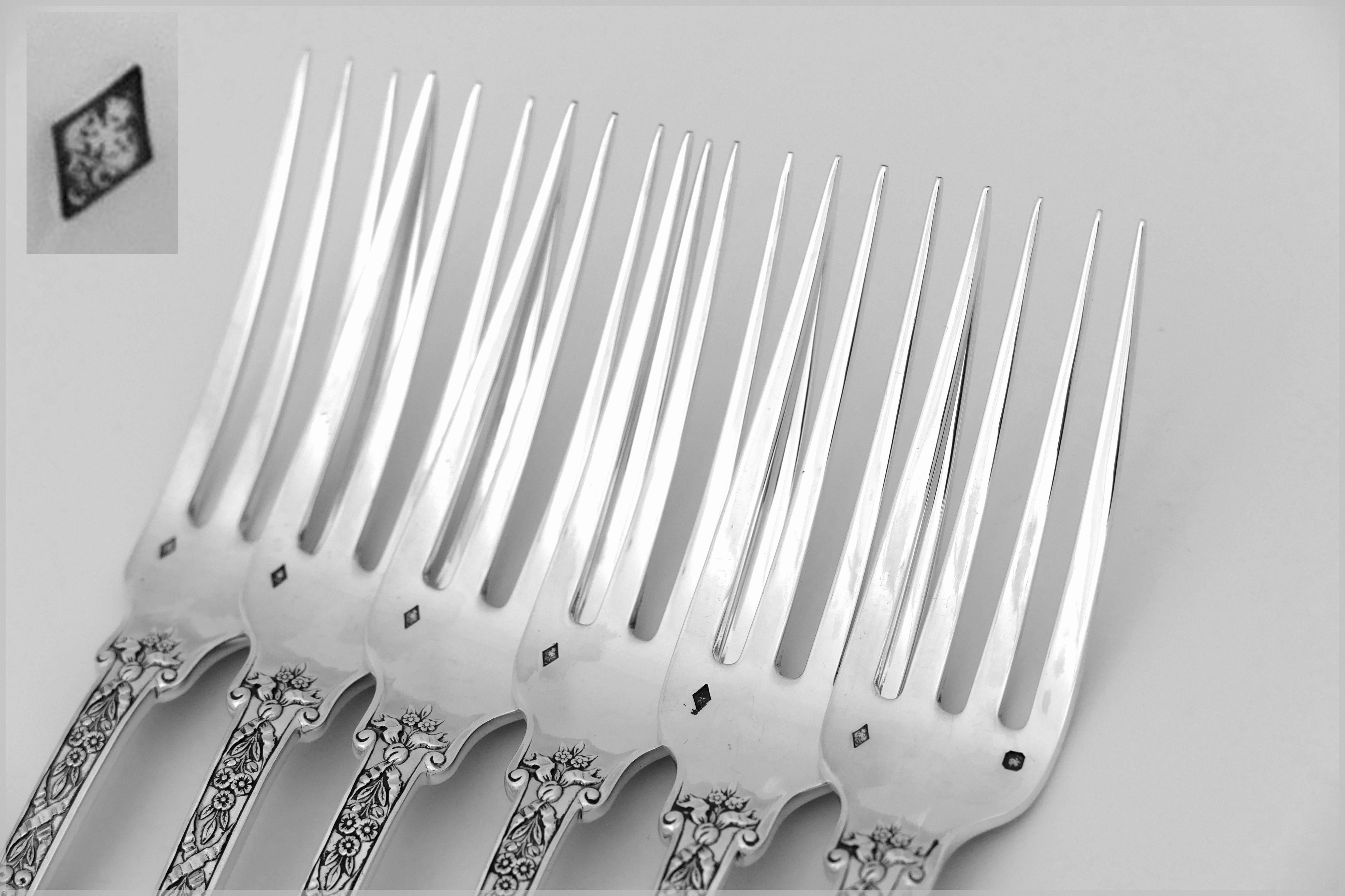 Late 19th Century Cardeilhac French Sterling Silver Dinner Forks Set of Six Pieces, Neoclassical For Sale