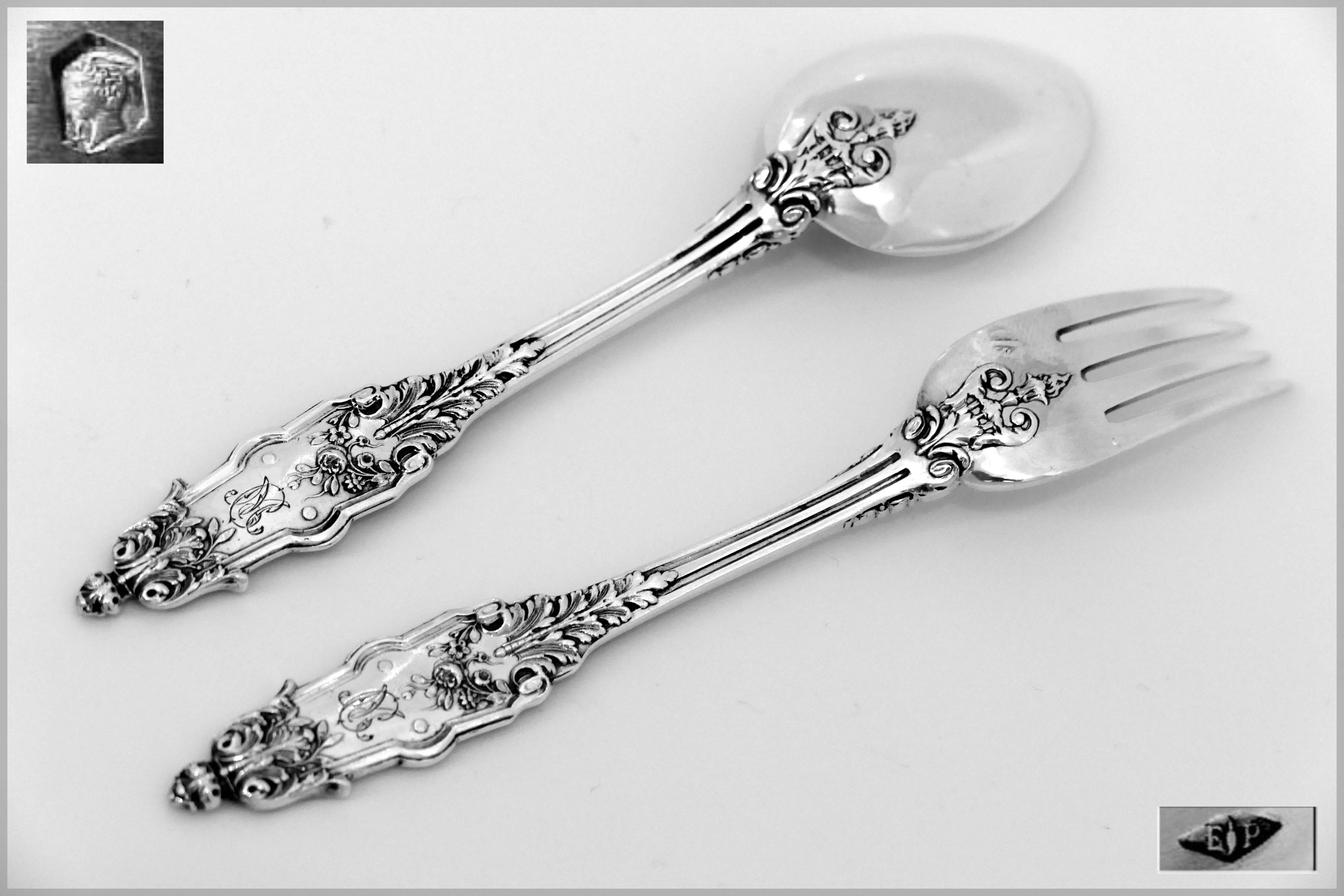 Neoclassical Puiforcat Rare French Sterling Silver Flatware Set of 12 Pieces Acanthus For Sale