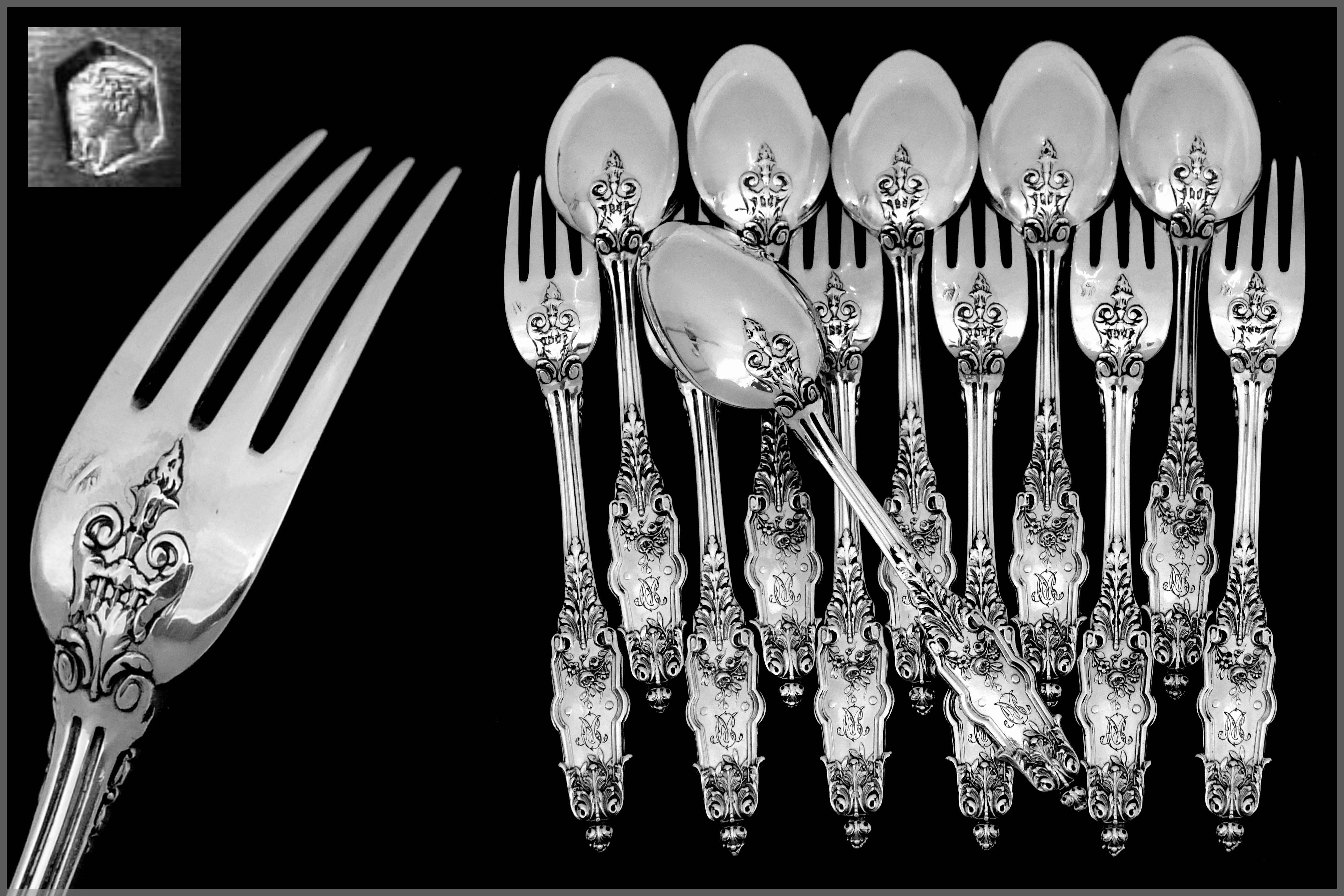 Puiforcat Rare French Sterling Silver Flatware Set of 12 Pieces Acanthus For Sale 1