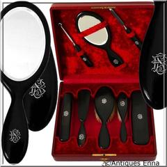 Antique French Sterling Silver Ebony Travel Vanity Set with Original Case