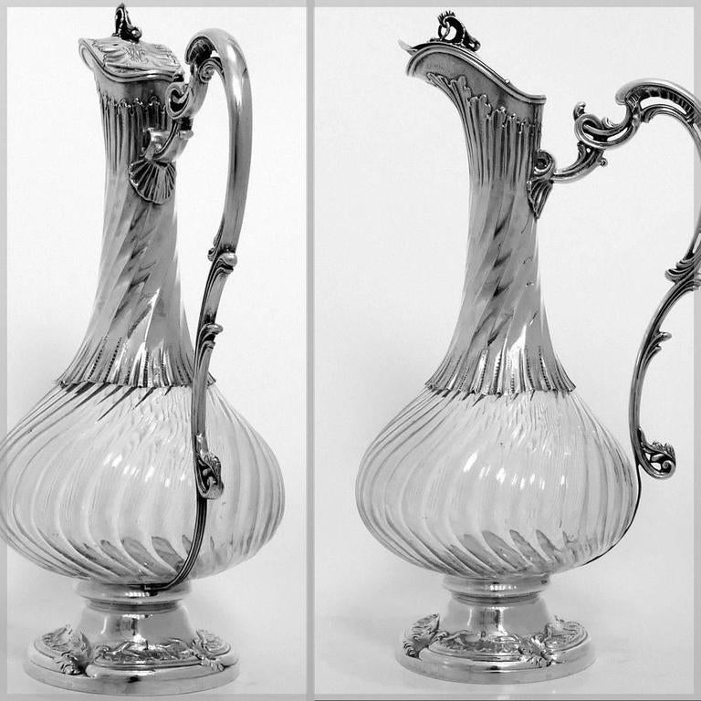 Fabulous French Sterling Silver Crystal Claret Jug, Ewer, Decanter at 1stDibs