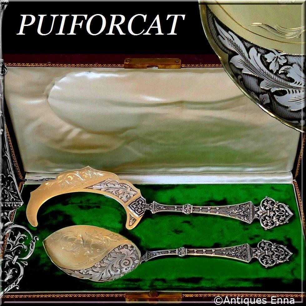 Puiforcat masterpiece French all sterling silver 18-karat gold ice cream set of two pieces with original box trilobe.

Head of Minerve first titre for 950/1000 French sterling silver guarantee. The quality of the gold used to recover sterling