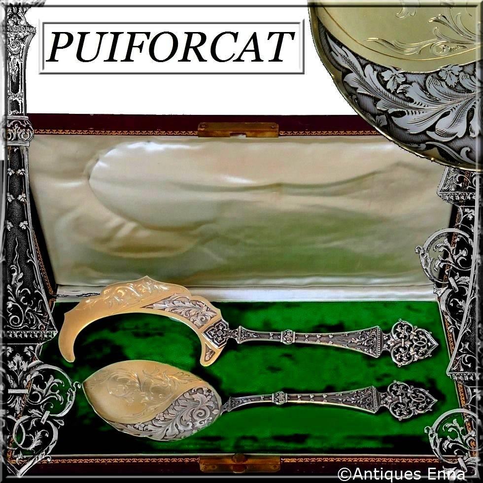 Puiforcat Masterpiece French Sterling Silver 18k Gold Ice Cream Set, Trilobé, box 5